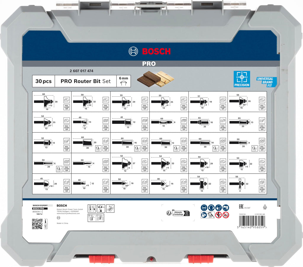 Bosch 30x PRO Fräser-Set gemischt, 30-tlg. (für Weichholz, Hartholz, Ø 4-32 mm, Professional Zubehör Handfräse, Kantenfräse)