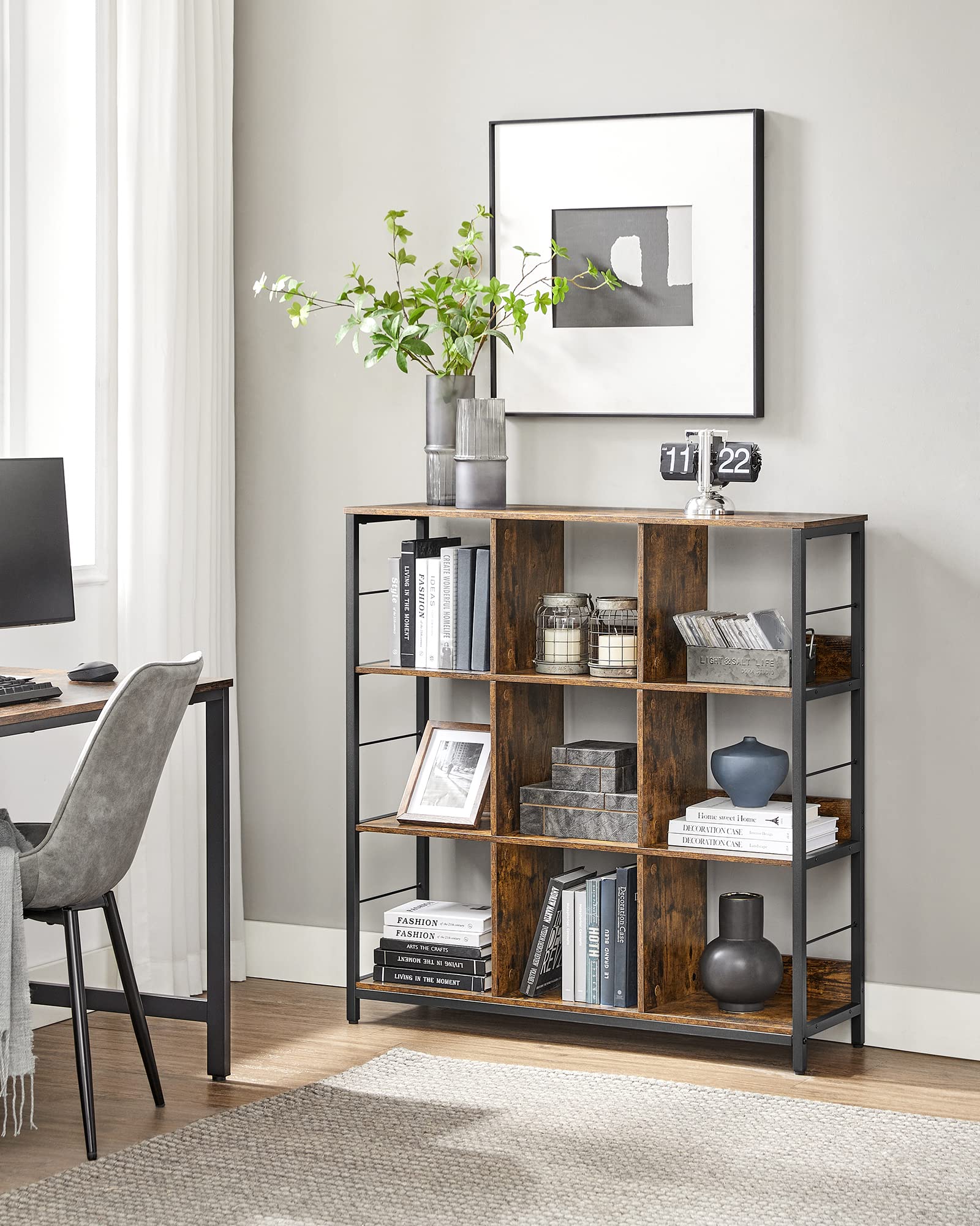 VASAGLE Regal mit 3 Ebenen, Bücherregal, Standregal mit 9 Fächern, für Wohnzimmer, Schlafzimmer, Arbeitszimmer, Küche, 30 x 100 x 103,1 cm, vintagebraun-tintenschwarz LLS112B01