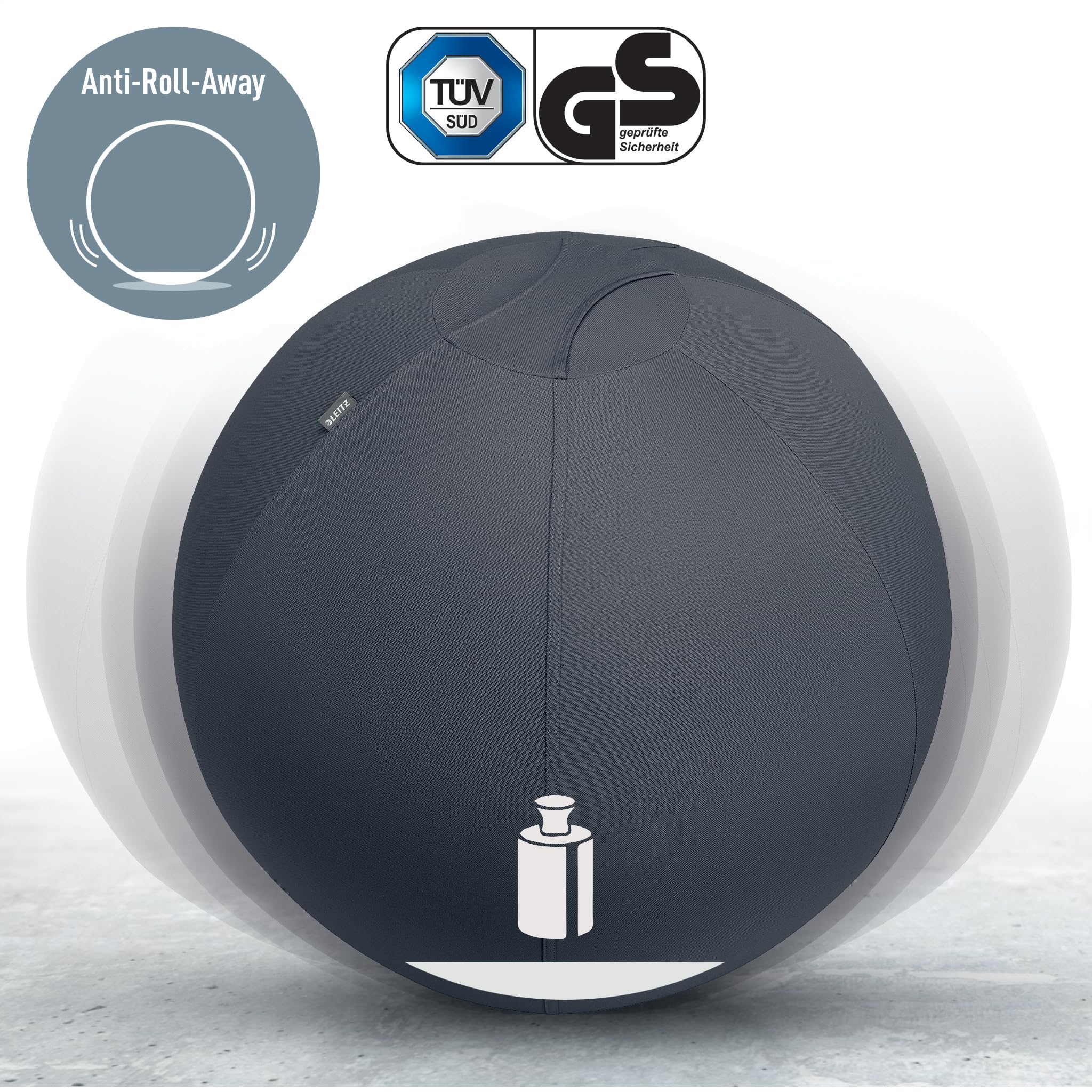 Leitz Ergo Active Sitzball mit Anti-Wegroll-Funktion, Ergonomische Alternative zum Bürostuhl, Gymnastikball, 65 cm Durchmesser, Stoffbezug, Für Büro oder Home Office, Ergo-Serie, Dunkelgrau, 65420089