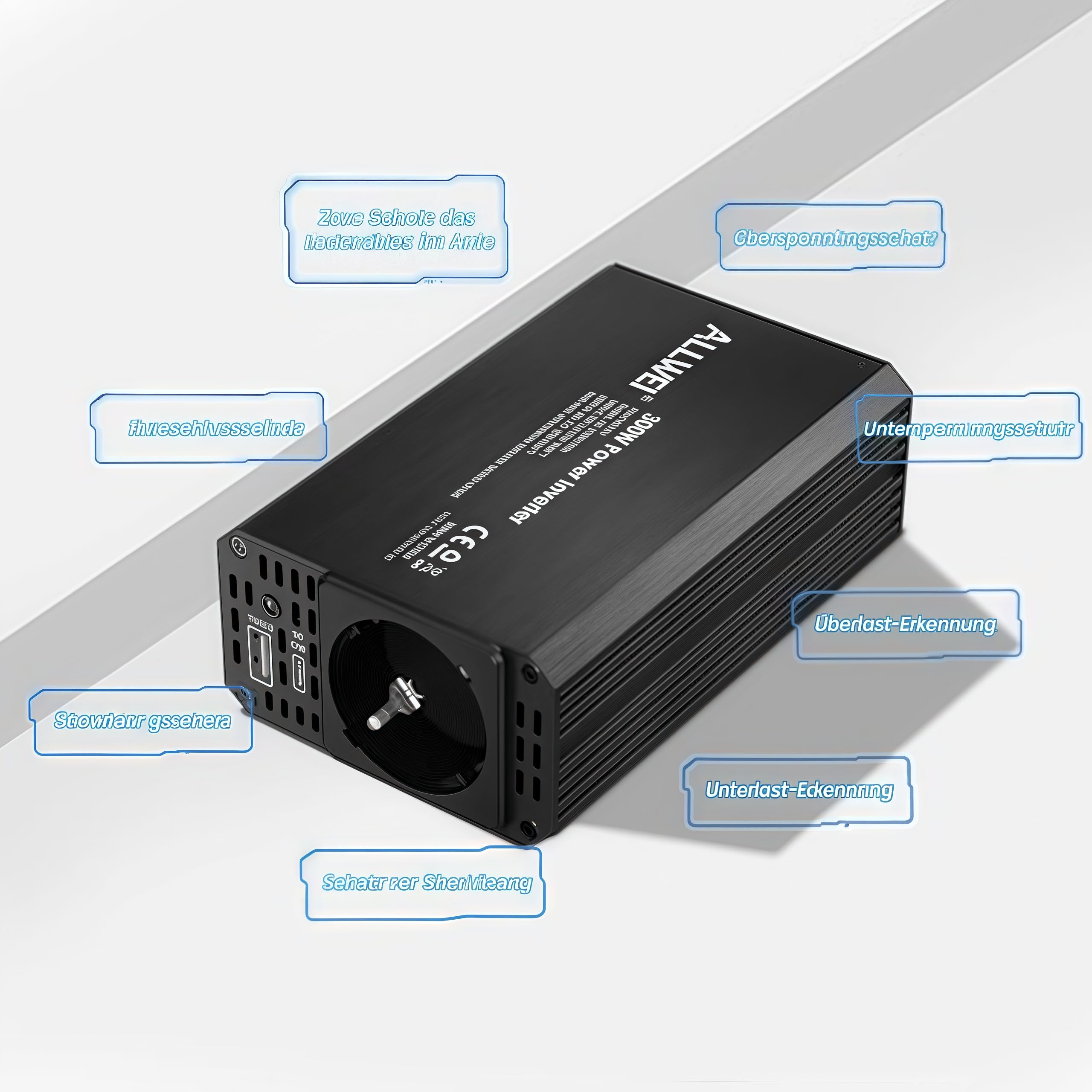 ALLWEI 300W Wechselrichter 12V auf 230V Spannungswandler, Stromwandler mit Typ-C & USB Anschluss, Inverter 12V 220V, Auto Steckdose für Auto, Laden von Handys, Laptops und Anderen Geräten (Schwarz)