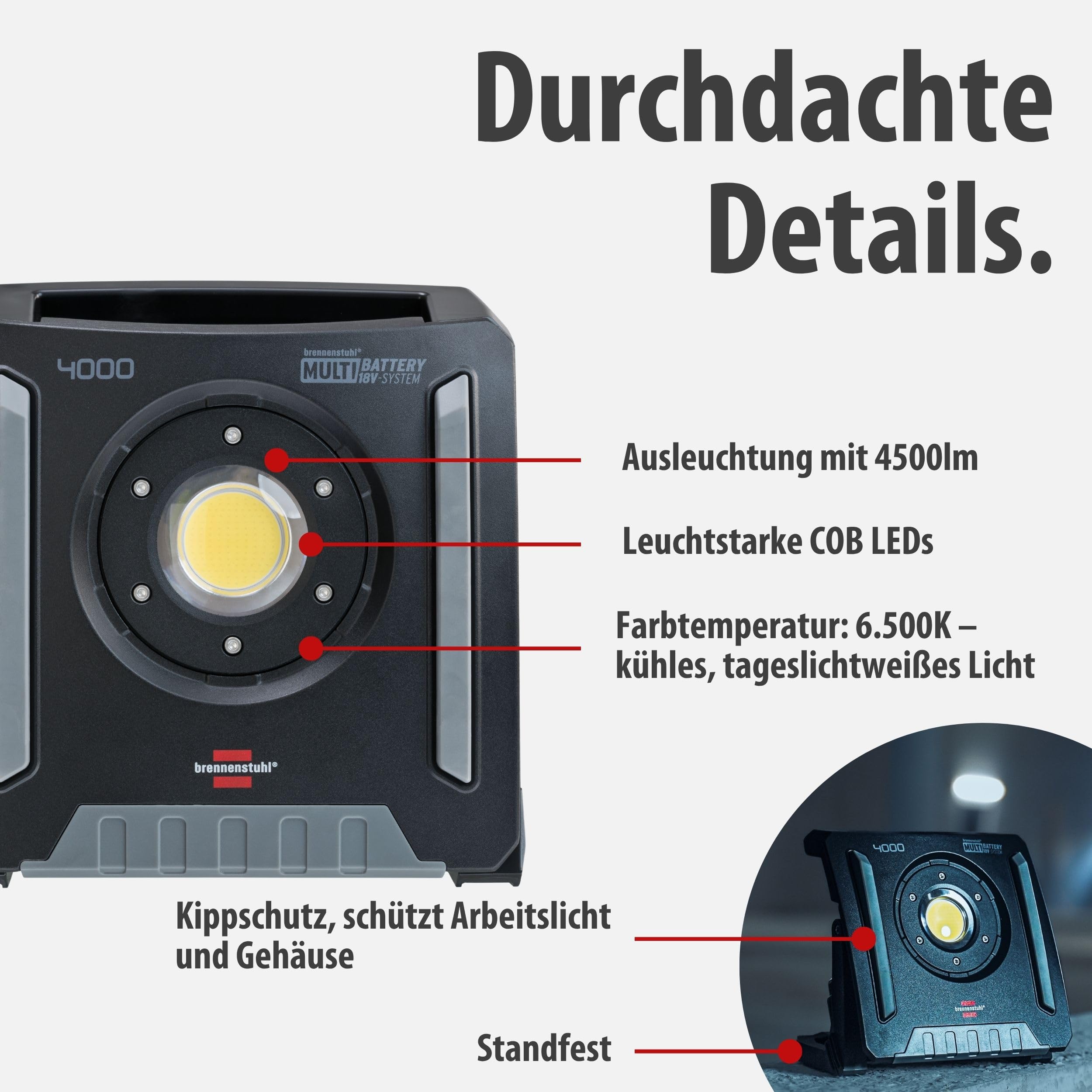 Brennenstuhl Professional Multi Battery LED Akku Baustrahler 4000 MA (40W, 4500lm, IP65, Arbeitsleuchte kompatibel mit 18V Akkus 10 verschiedener Hersteller, ohne Akku, Engineered in Germany)