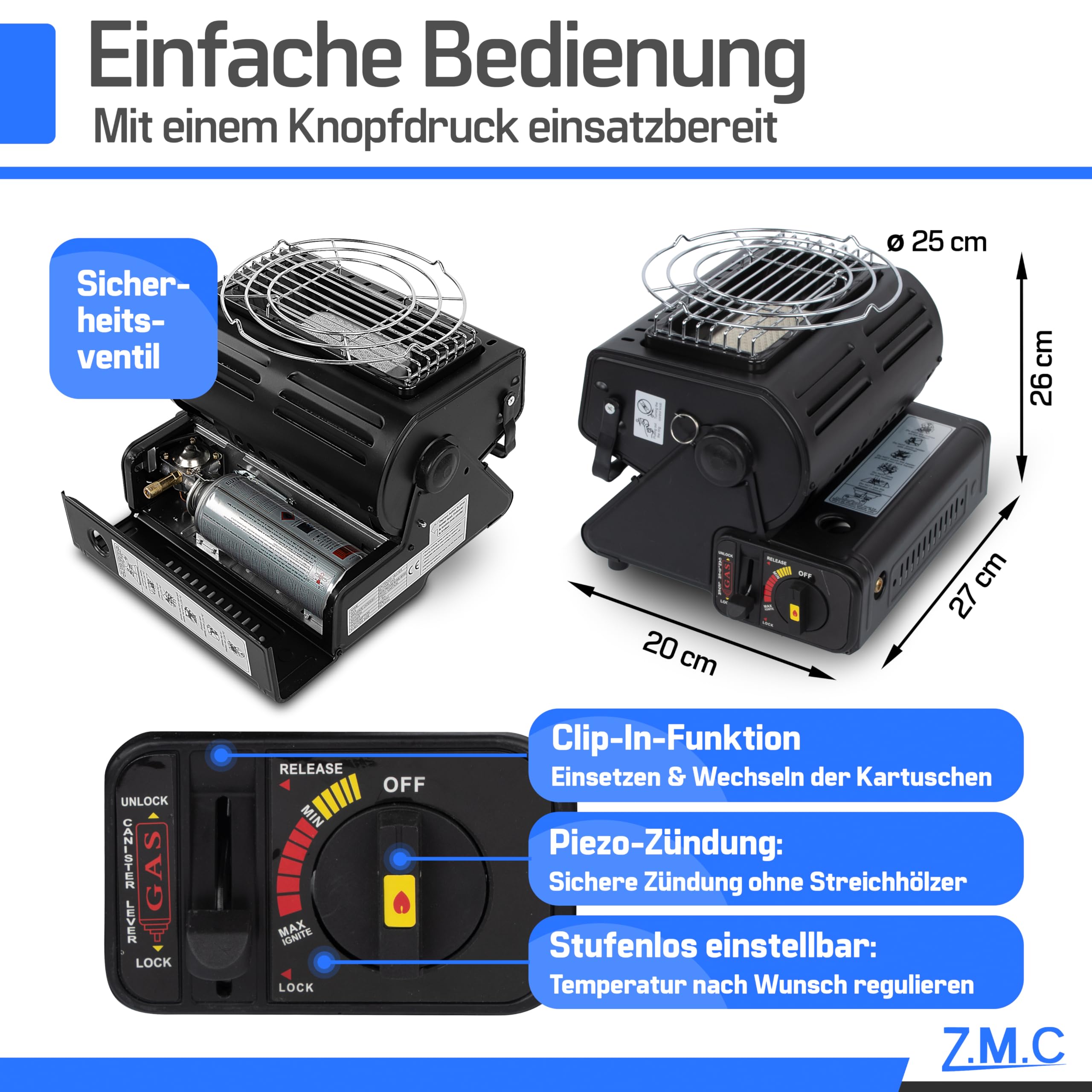Z.M.C 2-in-1 Tragbare Gasheizung und Gaskocher mit LPG Anschluss, Camping Heizung 1,3 kW, Gasheizer für Outdoor, Camping, mobile Heizstrahler mit Piezozündung, Wärme & Kochen für unterwegs