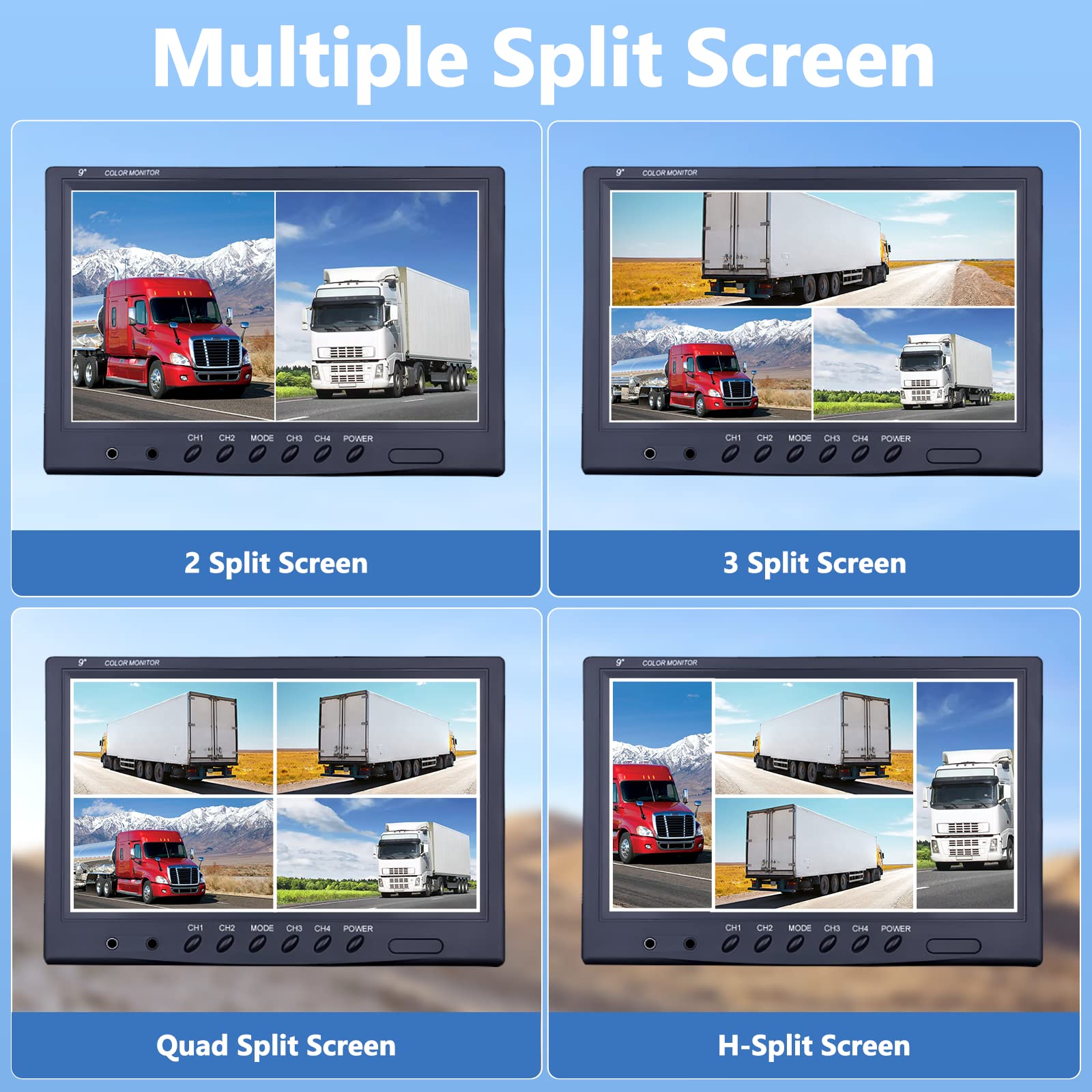 CAMECHO Rückfahrkamera 4 Kameras Set, 9" Monitor 4 Geteilte Rück und Vorder Kamera, Weitwinkel, IP68 wasserdicht, 18IR Nachtsicht, Rückfahrkamera funk für LKW/Anhänger/Bus/Van/Landwirtschaft(12V-35V)
