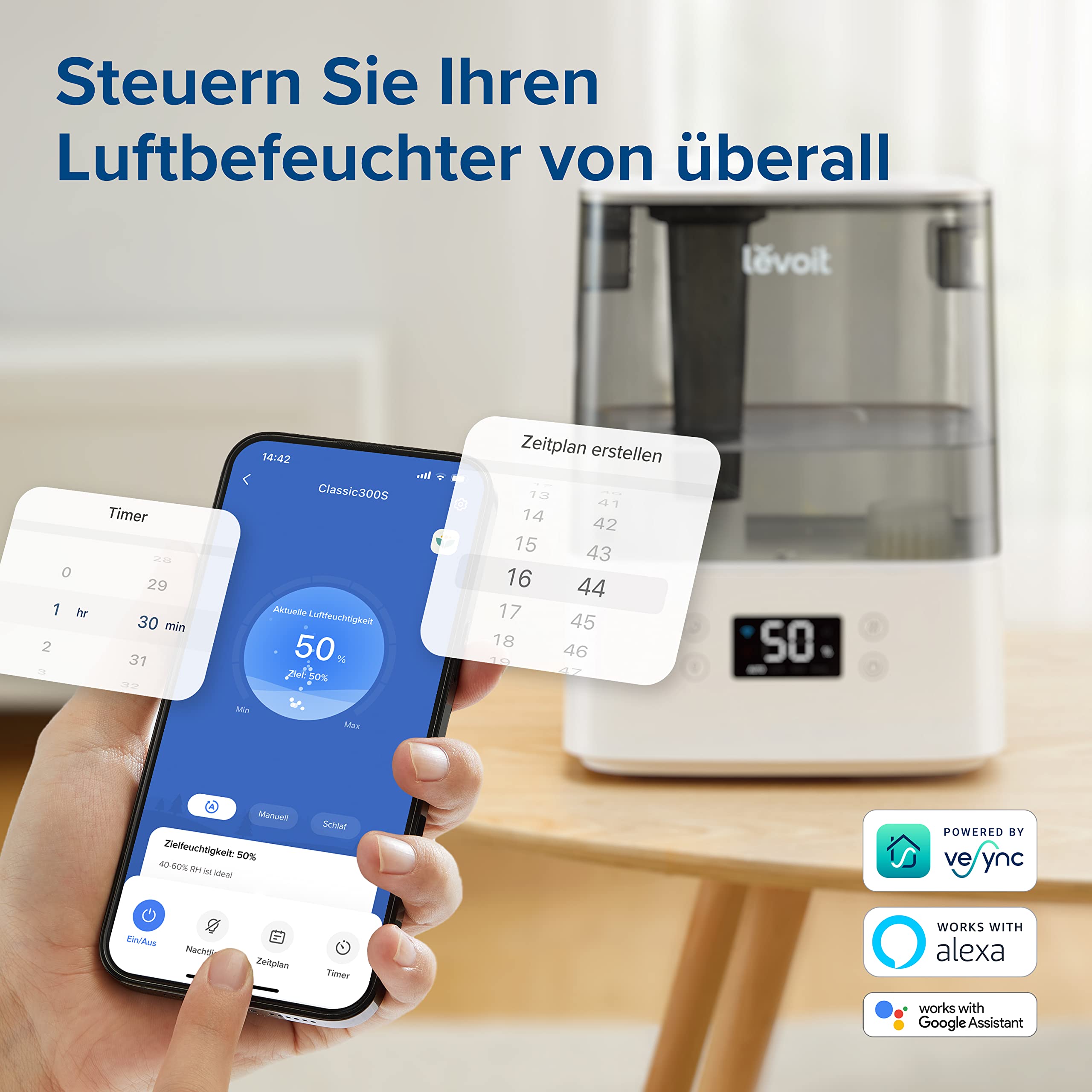 Levoit Top-Fill Luftbefeuchter, Smart Humidifier, mit APP & Alexa Steuerung, bis 47m², leise Raumbefeuchter für Schlafzimmer, Kinderzimmer, Pflanzen, Auto Shut-off, 6 L, Grau