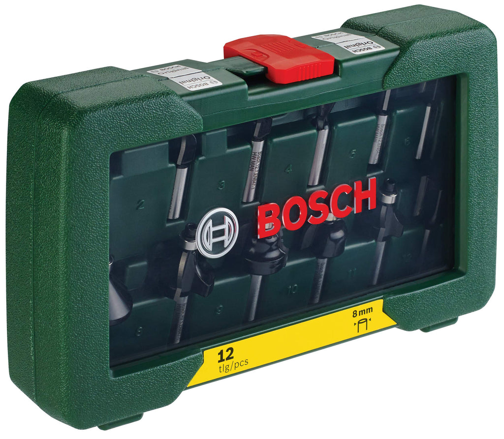 Bosch 12tlg. Hartmetall Fräser Set (für Holz, Ø-Schaft 8 mm, Zubehör Oberfräse)