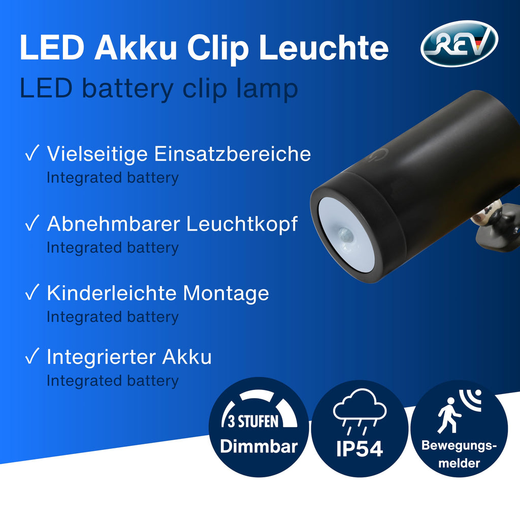REV LED Wandleuchte - Wandlampe mit Akku & Bewegungsmelder, 180lm, kabellos, dimmbar, 360° drehbar. Wegeleuchte zum Mitnehmen - ideal für Camping, Garage & Keller, IP54, schwarz