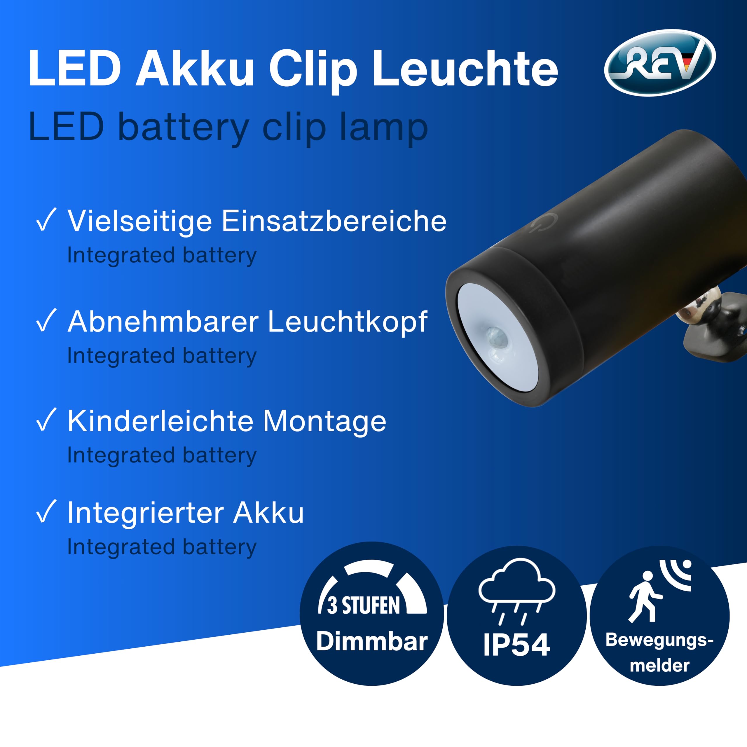 REV LED Wandleuchte - Wandlampe mit Akku & Bewegungsmelder, 180lm, kabellos, dimmbar, 360° drehbar. Wegeleuchte zum Mitnehmen - ideal für Camping, Garage & Keller, IP54, schwarz