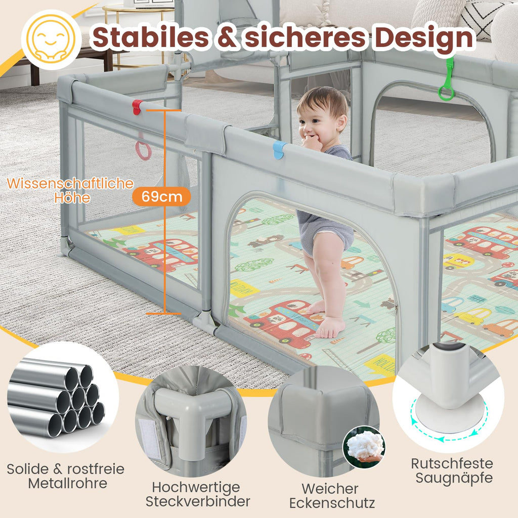 COSTWAY 188 x 157cm Laufstall Baby Faltbar, Laufgitter mit Matratze, Basketballkorb, Fußballnetzen, 50 Spielbällen, Krabbelgitter mit atmungsaktivem Netz, Tragetasche für Kleinkinder (Klein, Hellgrau)