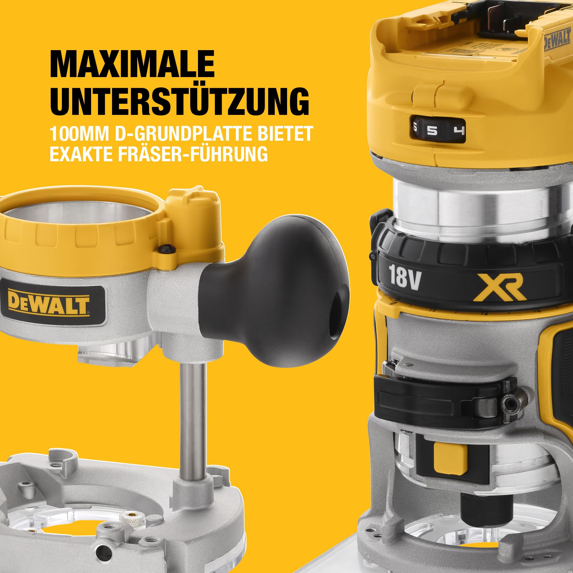 DEWALT 18V Akku-Kombifräse (einsetzbar als Ober- oder Kantenfräse, bürstenloser Motor, 6-8 mm Werkzeugaufnahme, max. Fräs-ø: 36 mm, Fräskorbhub: 55 mm, Lieferung ohne Akku & Ladegerät), DCW604NT-XJ