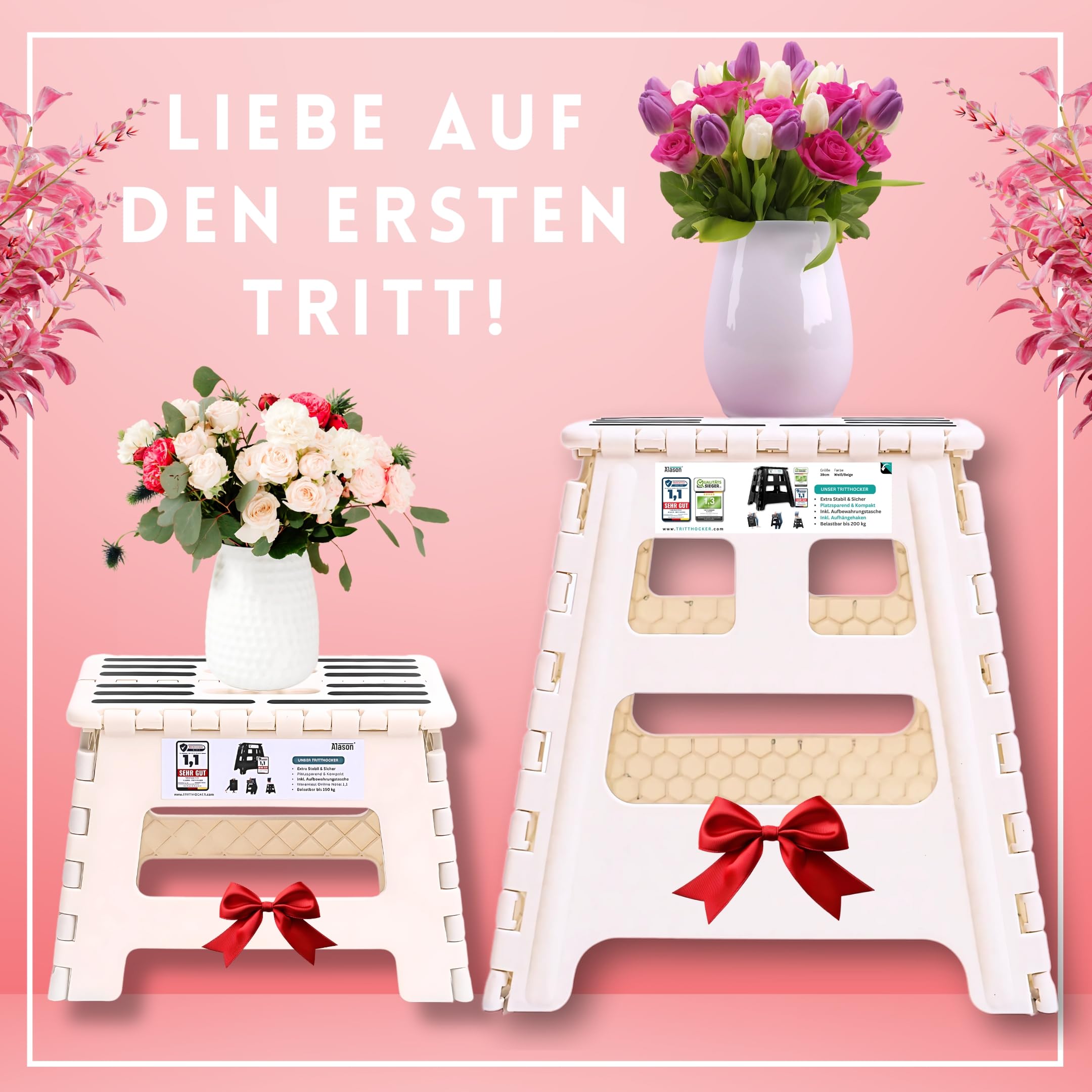 VERGLEICHSSIEGER - Alason® Tritthocker Klappbar 39 cm, Belastbar bis 200 kg – Mit Aufhängehaken & Aufbewahrungstasche – Platzsparender, Faltbarer Hocker in Weiß/Beige für Zuhause, Küche, Bad & Garage