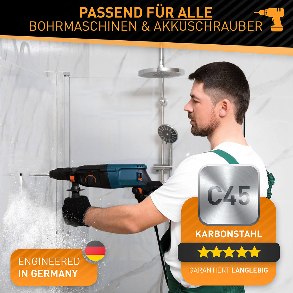 HARDTWERK Turbo Diamantbohrer 6-tlg. Fliesenbohrer Set [6, 8, 10, 12mm] mit 6mm Karbid-Anbohrer (inkl. Reinigungspin) Diamantbohrer für harte Fliesen Keramik, Feinsteinzeug, Marmor und Granit