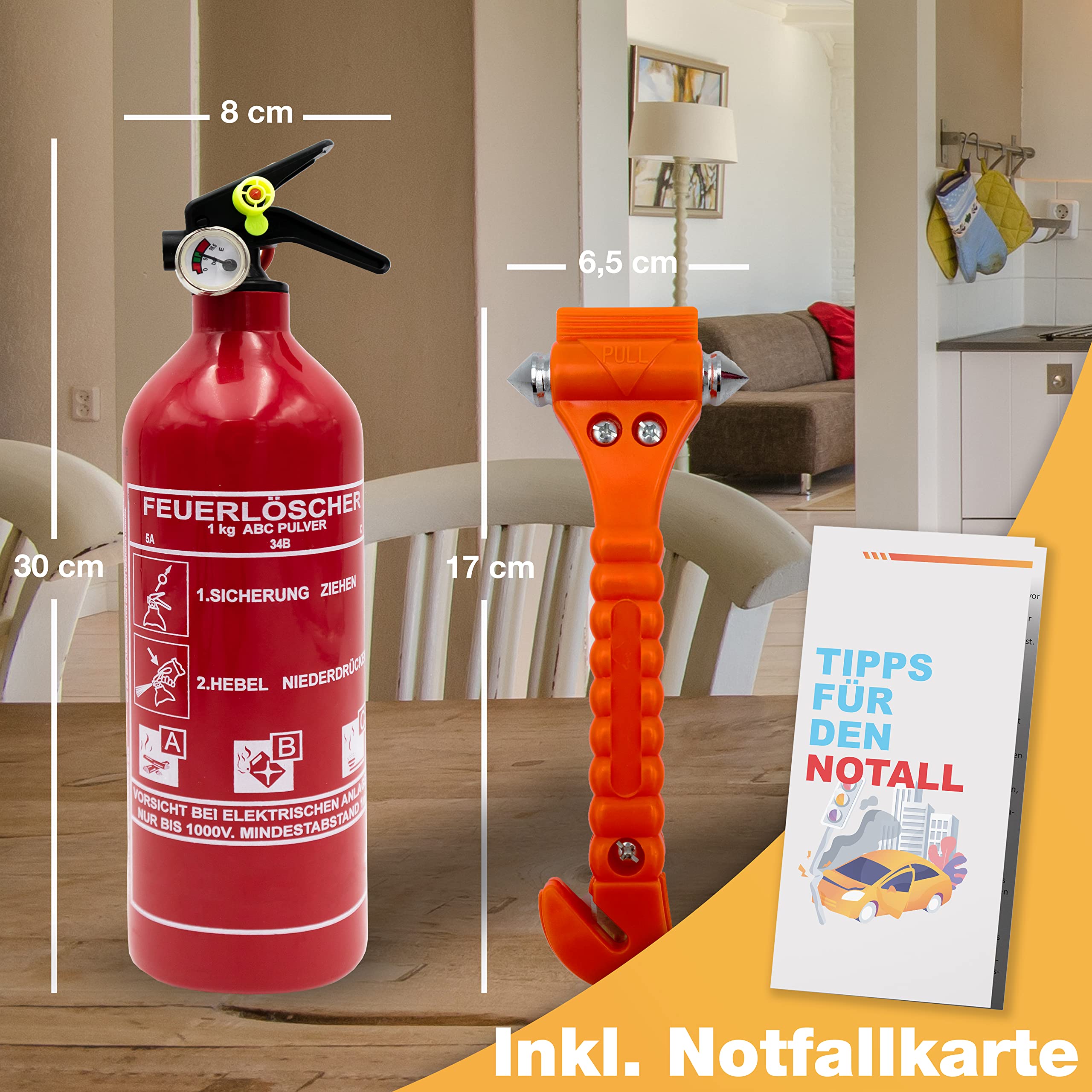 Feuerlöscher Auto 1kg + Nothammer Auto mit Gurtschneider [INKL. NOTFALLKARTE] - Strengste Qualitätssicherung - Notfallhammer, PKW Autofeuerlöscher, kfz, klein