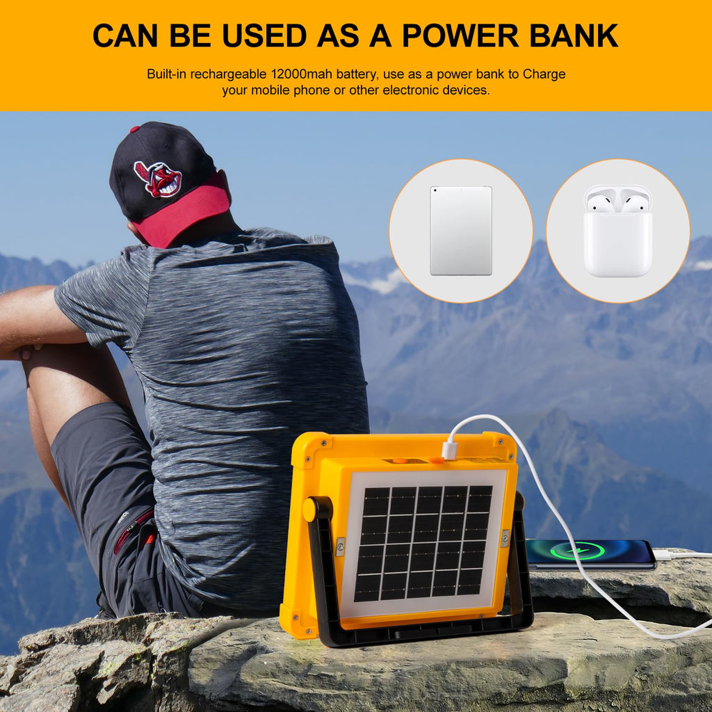 100W LED Baustrahler Akku Solar Arbeitsleuchte Tragbare, 10000LM 12000mAh Akku Arbeitsleuchte USB-Wiederaufladbar, 4 Lichtmodi, Campinglampe Tragbar im Freien für Notfälle, Baustelle, Camping, Garage
