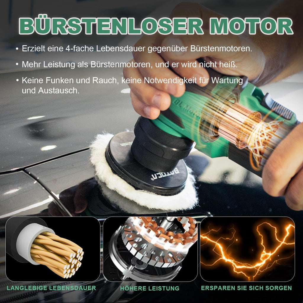 BATOCA S4 Profi Akku Mini Poliermaschine,Rotations&Orbital Polieren,25mm/75mm Rückenplatte,Bürstenloser Motor,Auto Polier Kit für Details,2 12V 2.5Ah Batterien,4 Geschwindigkeiten 2000-5500RPM