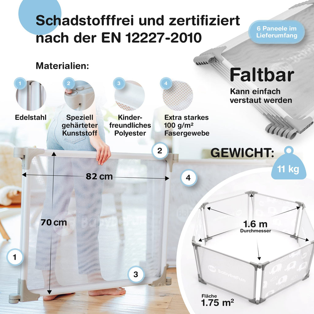 BabybeFun Laufstall Baby – 6-teilig & erweiterbar – Laufgitter Baby aus Stahl mit weicher Stoffummantelung - Laufstall faltbar & vielseitig einsetzbar (6-)