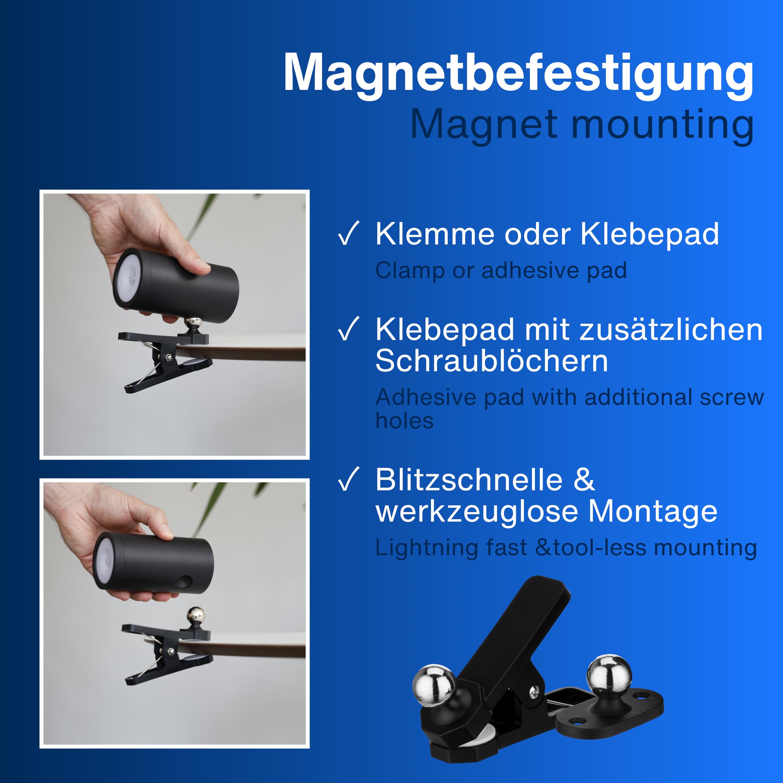 REV LED Wandleuchte - Wandlampe mit Akku & Bewegungsmelder, 180lm, kabellos, dimmbar, 360° drehbar. Wegeleuchte zum Mitnehmen - ideal für Camping, Garage & Keller, IP54, schwarz