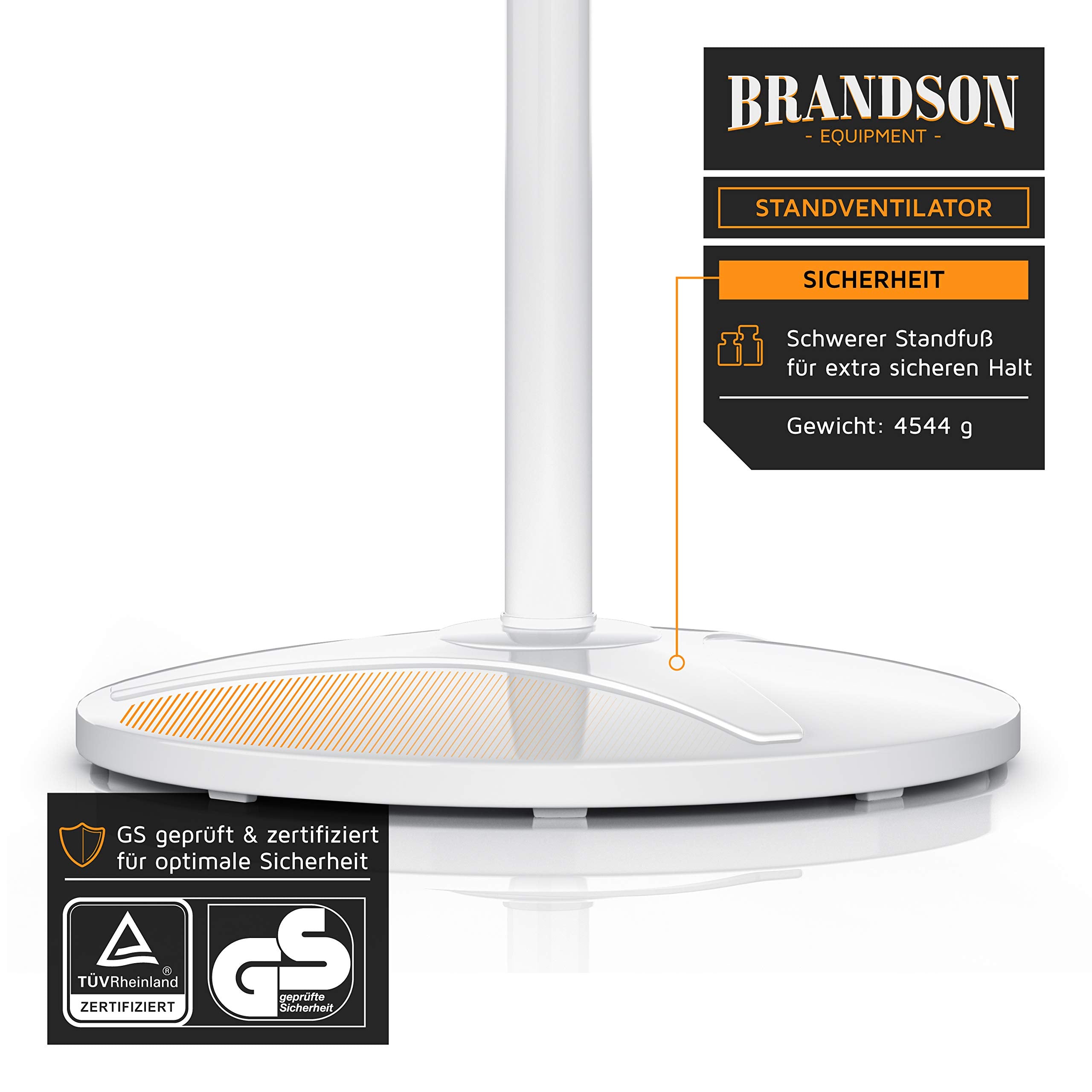 Brandson - Standventilator 50 W - Standlüfter 40 cm - Ventilator höhenverstellbar – Neigungswinkel 30° verstellbar - hoher Luftdurchsatz - 3 Geschwindigkeitsstufen – Oszillation 80° - weiß