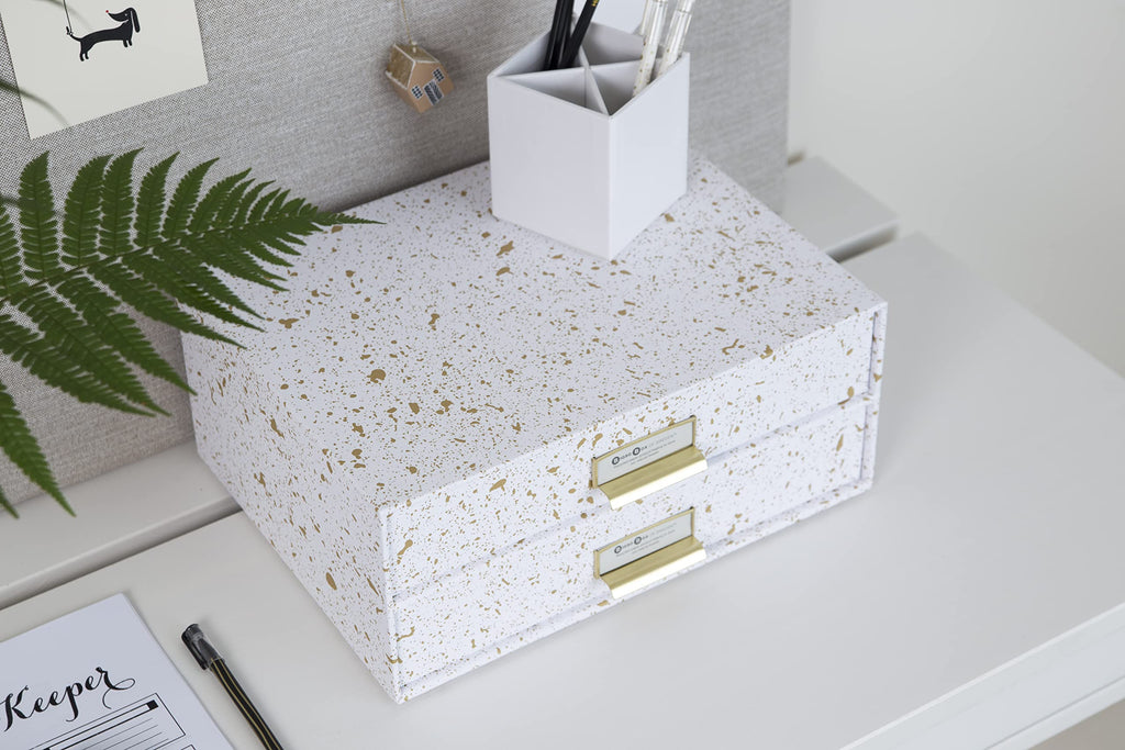BIGSO BIRGER Schubladenbox – Aufbewahrungsbox mit 2 Schubladen – Schreibtisch Ablage für Dokumente & Bürobedarf – Ablagesystem aus recycelter Faserplatte und Papier – gold gesprenkelt