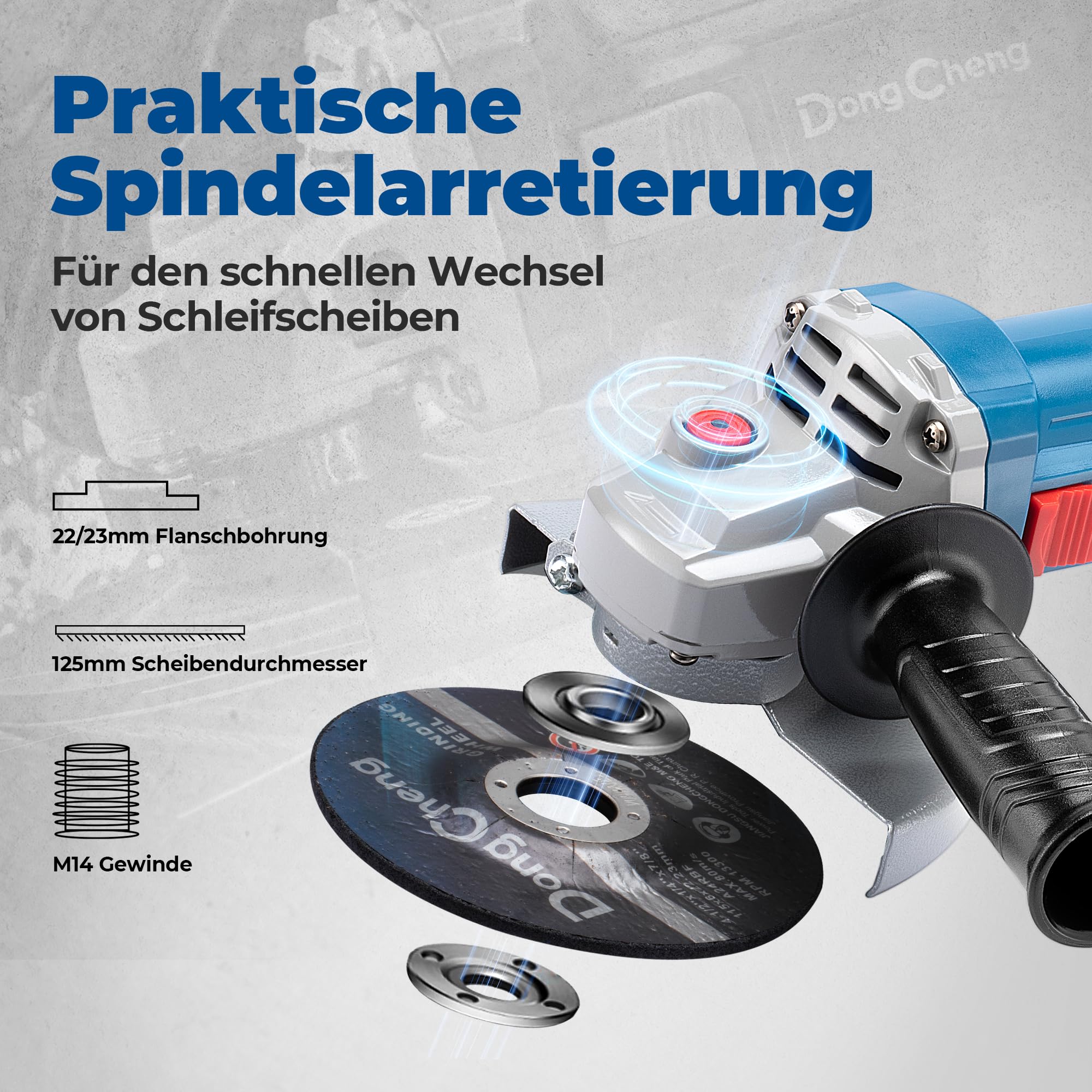 DongCheng Winkelschleifer 1100W, 125mm, Leerlaufdrehzahl:11.800min-1, Schnellverschlussabdeckung, Zusatzhandgriff ，mit 2 Schleifscheiben, 2 Fächerschleifscheiben, 2 Trennscheiben