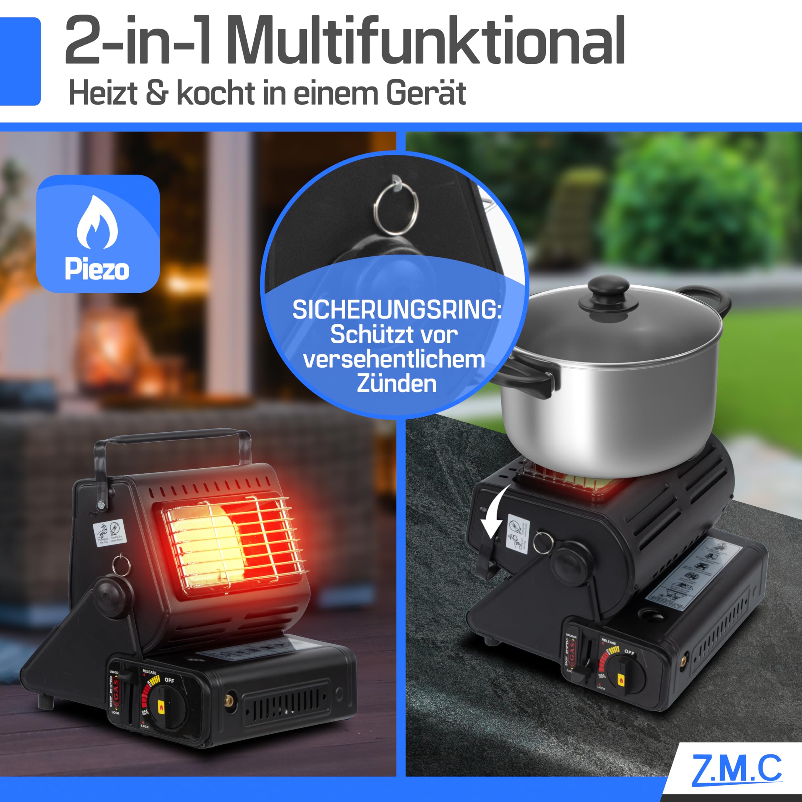 Z.M.C 2-in-1 Tragbare Gasheizung und Gaskocher mit LPG Anschluss, Camping Heizung 1,3 kW, Gasheizer für Outdoor, Camping, mobile Heizstrahler mit Piezozündung, Wärme & Kochen für unterwegs