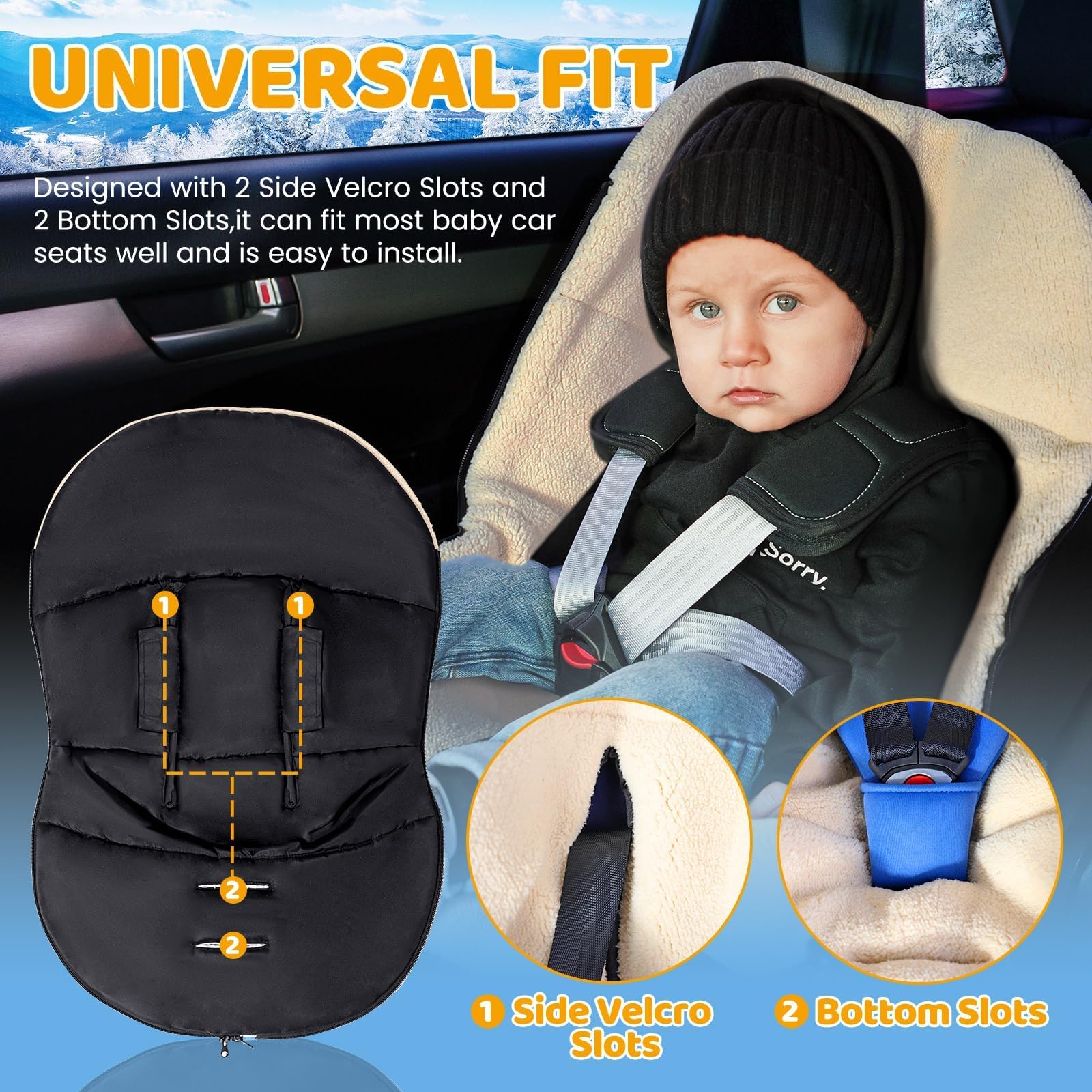 Orzbow Fußsack Babyschale Winter, Universell Einschlagdecke Babyschale Winter mit Verstellbarem Kragen, Warmes Berbervlies Futter, Reißverschluss, passend für Maxi-Cosi, Cybex, Römer usm. (Schwarz)