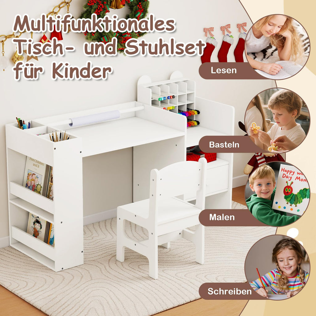 COSTWAY Kinder Tisch Stuhl Set, Maltisch mit abnehmbarem Papierrollenhalter & Fächerschrank, Kindertisch mit Stauraum, Regalen & Schublade, Kindersitzgruppe für Kinder ab 3 Jahren