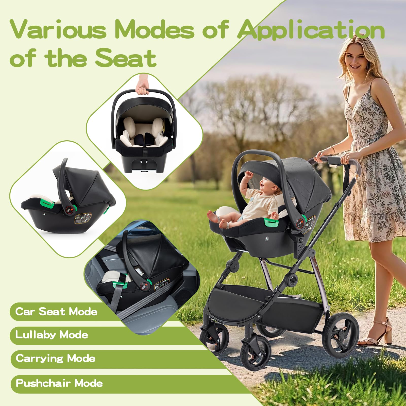 Lnhcrbs Kinderwagen 3 in 1,Kinderwagen Set ist ein mit einer Hand faltbarer Aluminiumrahmen, Bergsteiger Stoller ist aus Leder, wasser- und schmutzabweisend, Für 0-4 Jahre, 22KG(Schwarz)