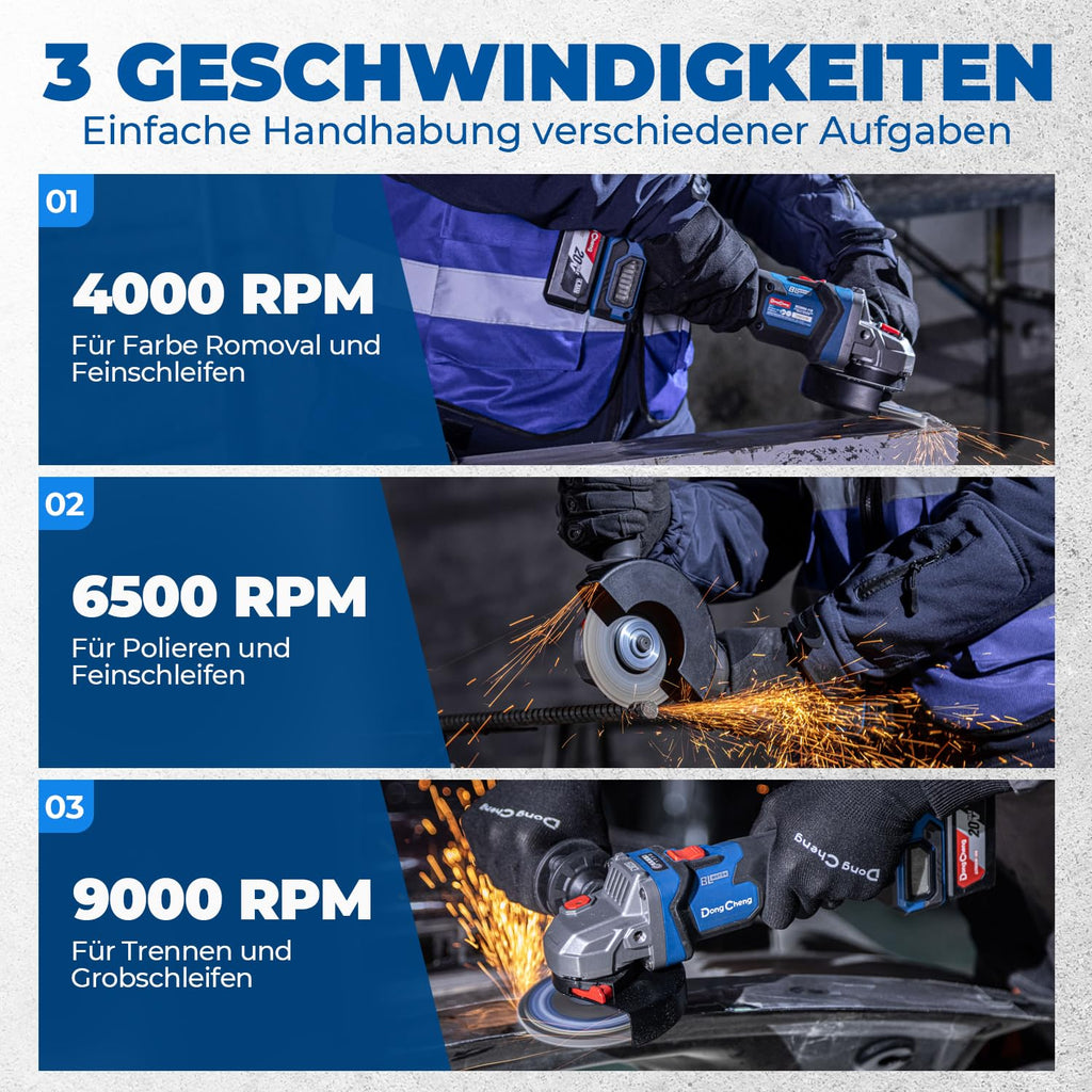 DongCheng Akku-Winkelschleifer 18V, Ø 125mm, 1000W, bürstenloser Motor, 3 Drehzahlstufen, Schnellspannschutz, Anti-Vibrationsgriff, inkl. 2 Schleif-, 2 Fächer-, 2 Trennscheiben, 4.0Ah Akku & Ladegerät