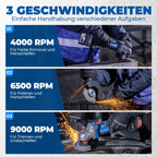 DongCheng Akku-Winkelschleifer 18V, Ø 125mm, 1000W, bürstenloser Motor, 3 Drehzahlstufen, Schnellspannschutz, Anti-Vibrationsgriff, inkl. 2 Schleif-, 2 Fächer-, 2 Trennscheiben, 4.0Ah Akku & Ladegerät