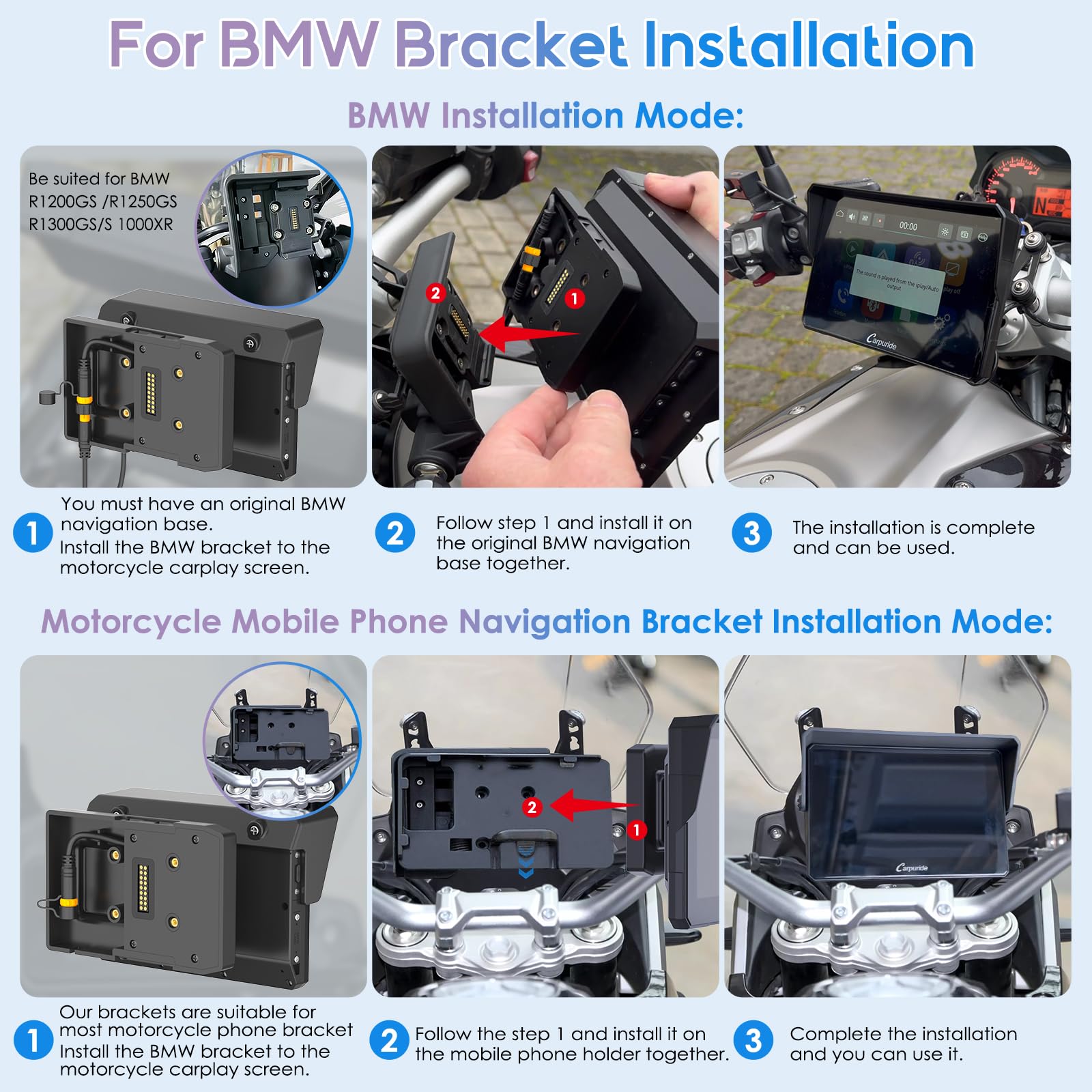 Carpuride W502PRO B für B.-M-.W Motorrad CarPlay & Android Auto & Dual Bluetooth, 5 Zoll wasserdichter Touch Bildschirm für Motorrad, Musik-Sharing, Gegensprechanlage, Lichtsensor, Kompass, Barometer