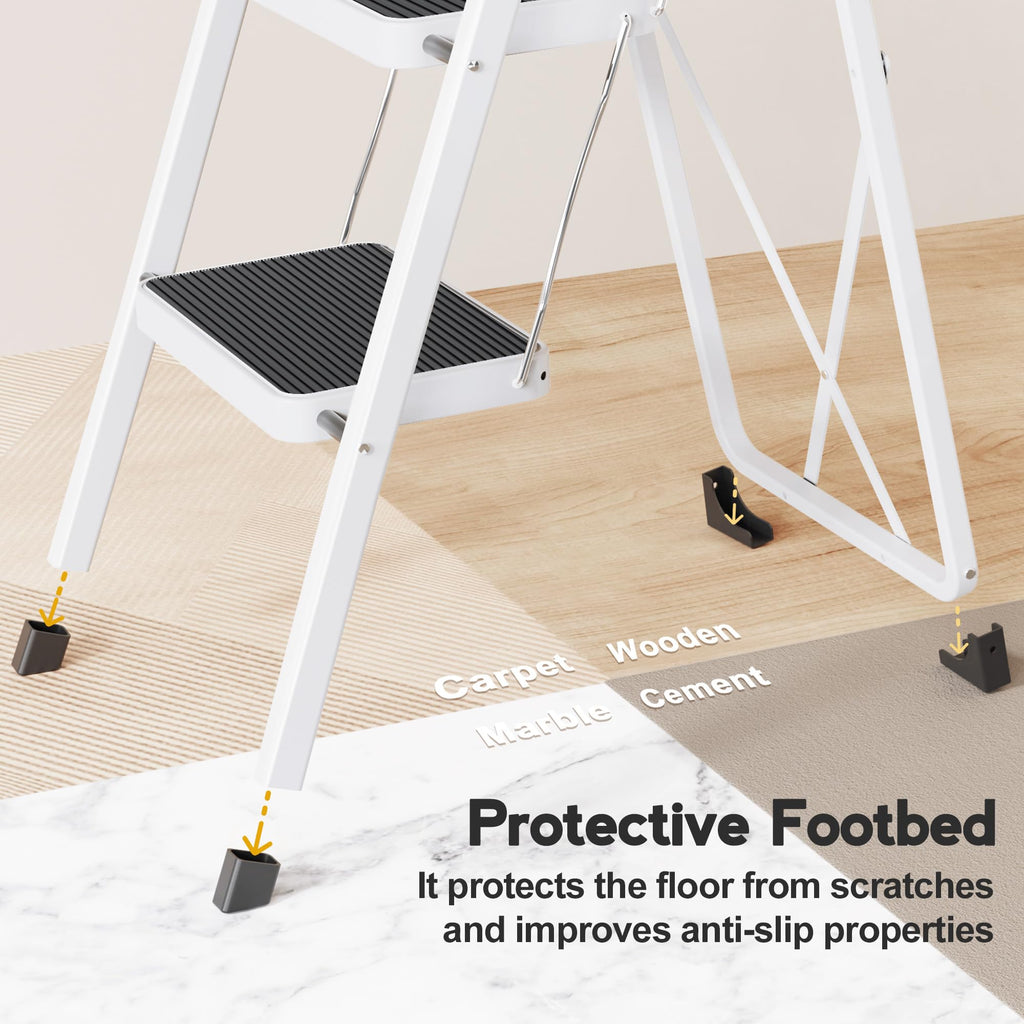 HBTower Trittleiter 2 Stufen klappbar, Faltbare Leiter aus Stahllegierung, rutschfeste Pedale, nur 4,5 cm dünn gefaltet, 150 kg belastbar, kein Aufbau nötig – für Küche, Garage & Büro
