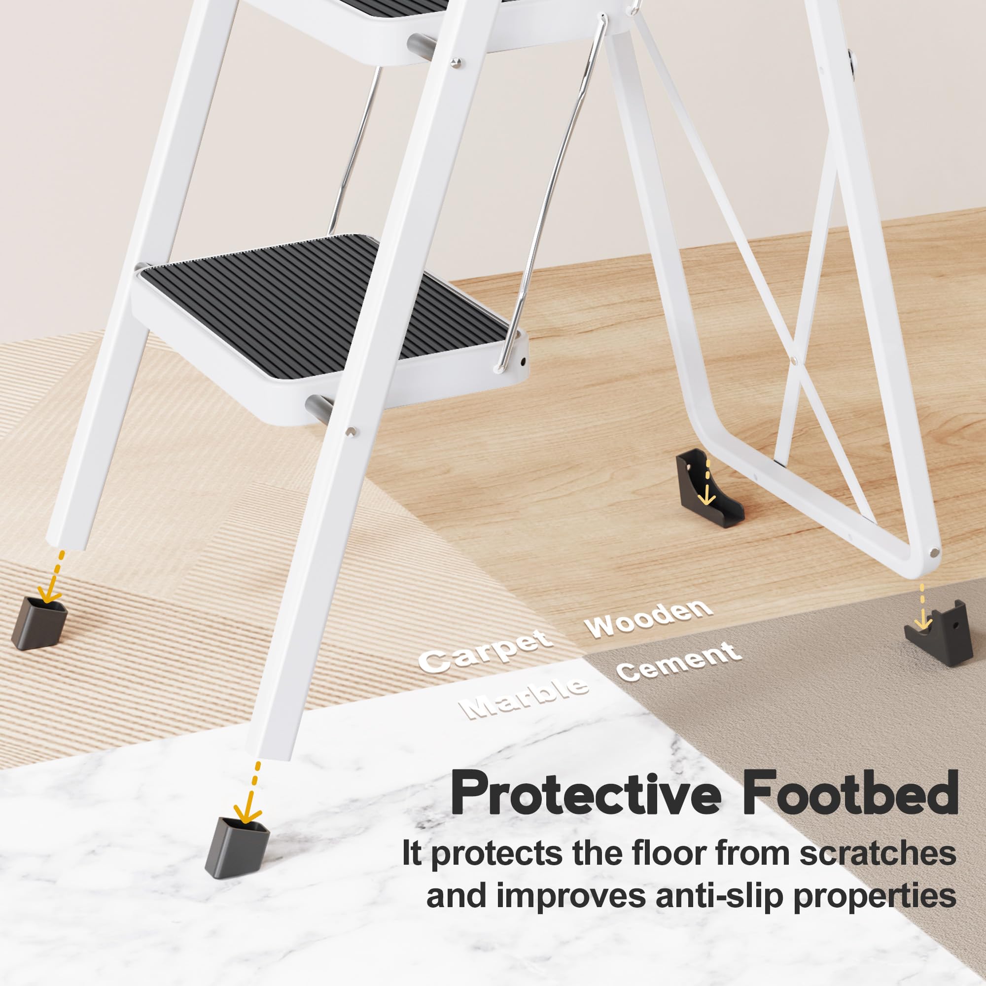 HBTower Trittleiter 2 Stufen klappbar, Faltbare Leiter aus Stahllegierung, rutschfeste Pedale, nur 4,5 cm dünn gefaltet, 150 kg belastbar, kein Aufbau nötig – für Küche, Garage & Büro