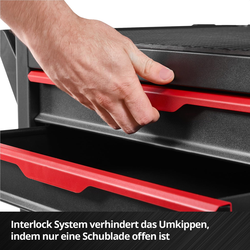 Original Einhell Werkstattwagen leer (6 Schubladen, Interlock-System, kugelgelagerte Führungsschienen, belastbar bis 135 kg, mobil mit Feststellrollen)