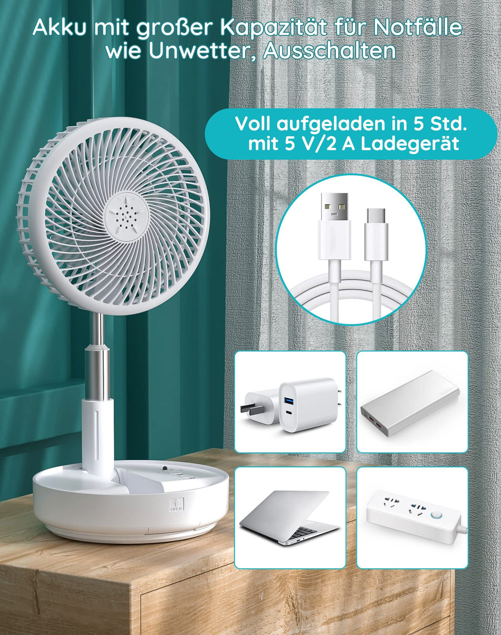 Primevolve 8" Oszillierender Tisch-und Standventilator mit Fernbedienung, Tragbarer Faltbarer Travel Fan für Outdoor Reise Camping, 7200mAh Akku Batterie Ventilator Leise für Schlafzimmer Büro (Weiß)