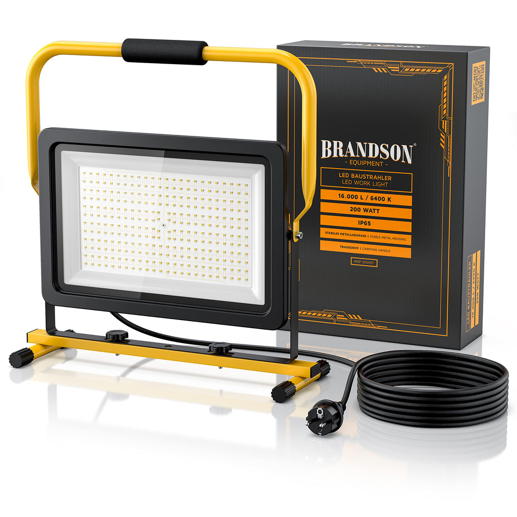 Brandson - 200W LED Baustrahler - Arbeitsscheinwerfer - Bauscheinwerfer - 288 SMD LEDs – 6400k - Standgestell und Tragegriff - 16000 Lumen – 4 m Stromkabel - Metallgehäuse