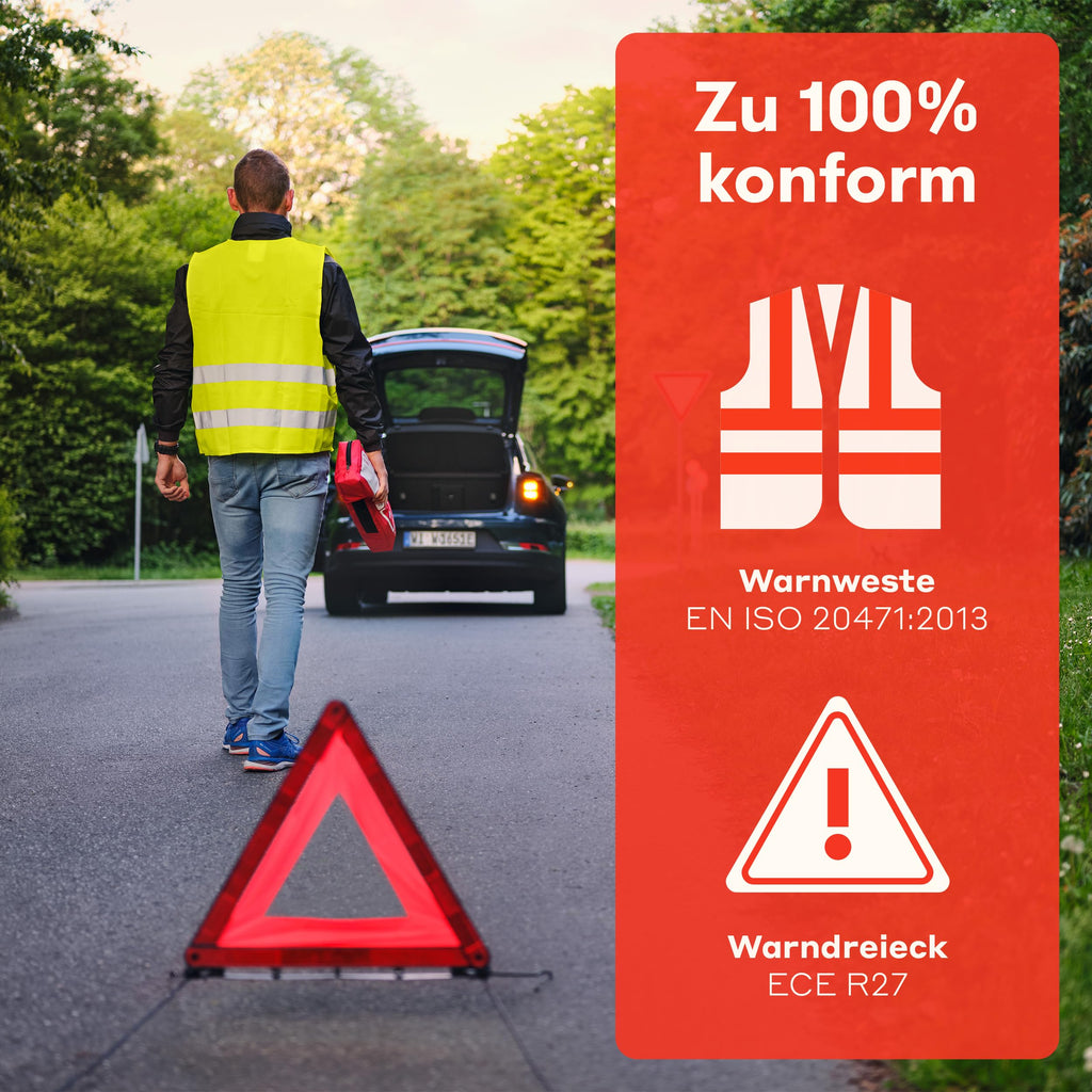 PURAHELP® KFZ Kombitasche inkl. Beatmungstuch [DIN 13164] - Verbandskasten Auto mit Warndreieck & Warnweste - PKW Verbandskasten StVO Konform für 2026 - Erste Hilfe Set Auto - First Aid Kit Car