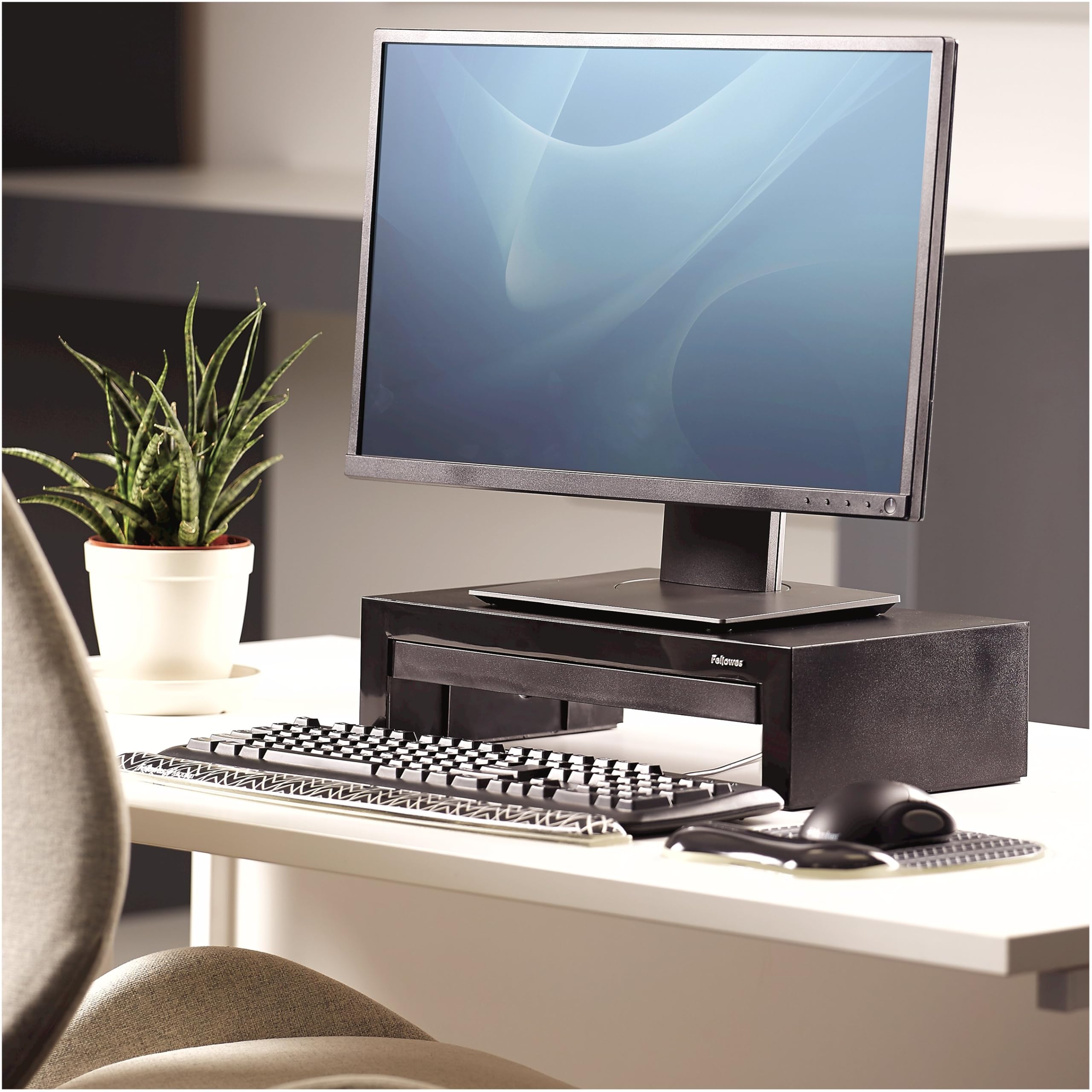 Fellowes Monitorständer Designer Suites, höhenverstellbar um 4 cm, ergonomisch, mit Aufbewahrungsfach, für Monitore bis 21 Zoll bzw. 18 kg
