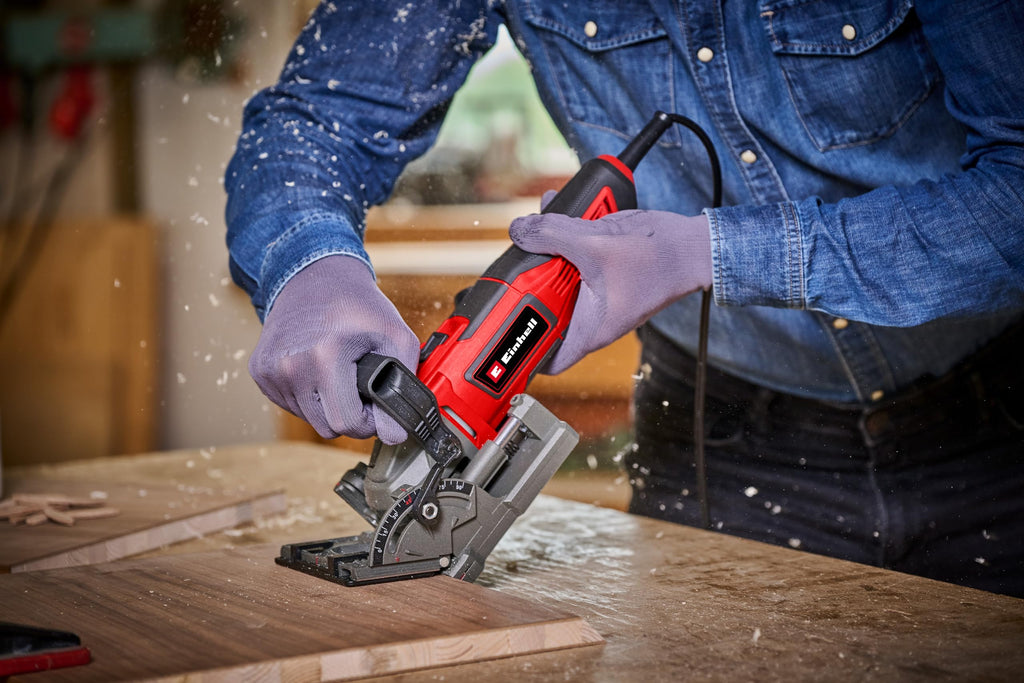 Einhell Flachdübelfräse TE-BJ 900 (900 W, 20 mm Frästiefe, stufenlose Winkel-/Höheneinstellung, 6-stufige Tiefenverstellung, Staubfangsack, inkl. 100 mm Fräsblatt)