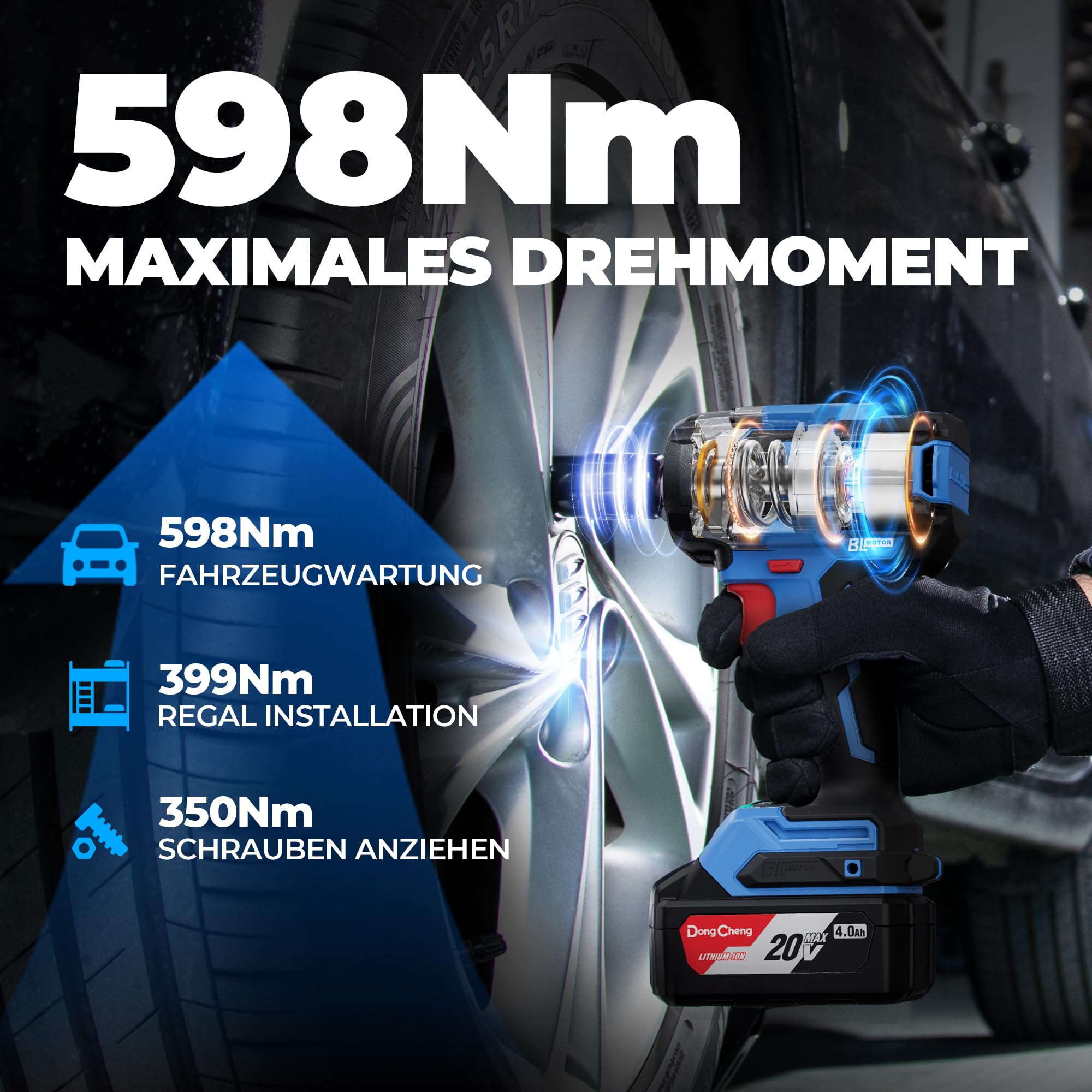Dong Cheng 18V bürstenloser Schlagschrauber, 598Nm Akku-Schlagschrauber 1/2 Zoll, 4-Gang-Modus & Smart-Modus mit 5 Schlagstecknüssen, Verlängerung, 4,0Ah Akku, Aufbewahrungsbox