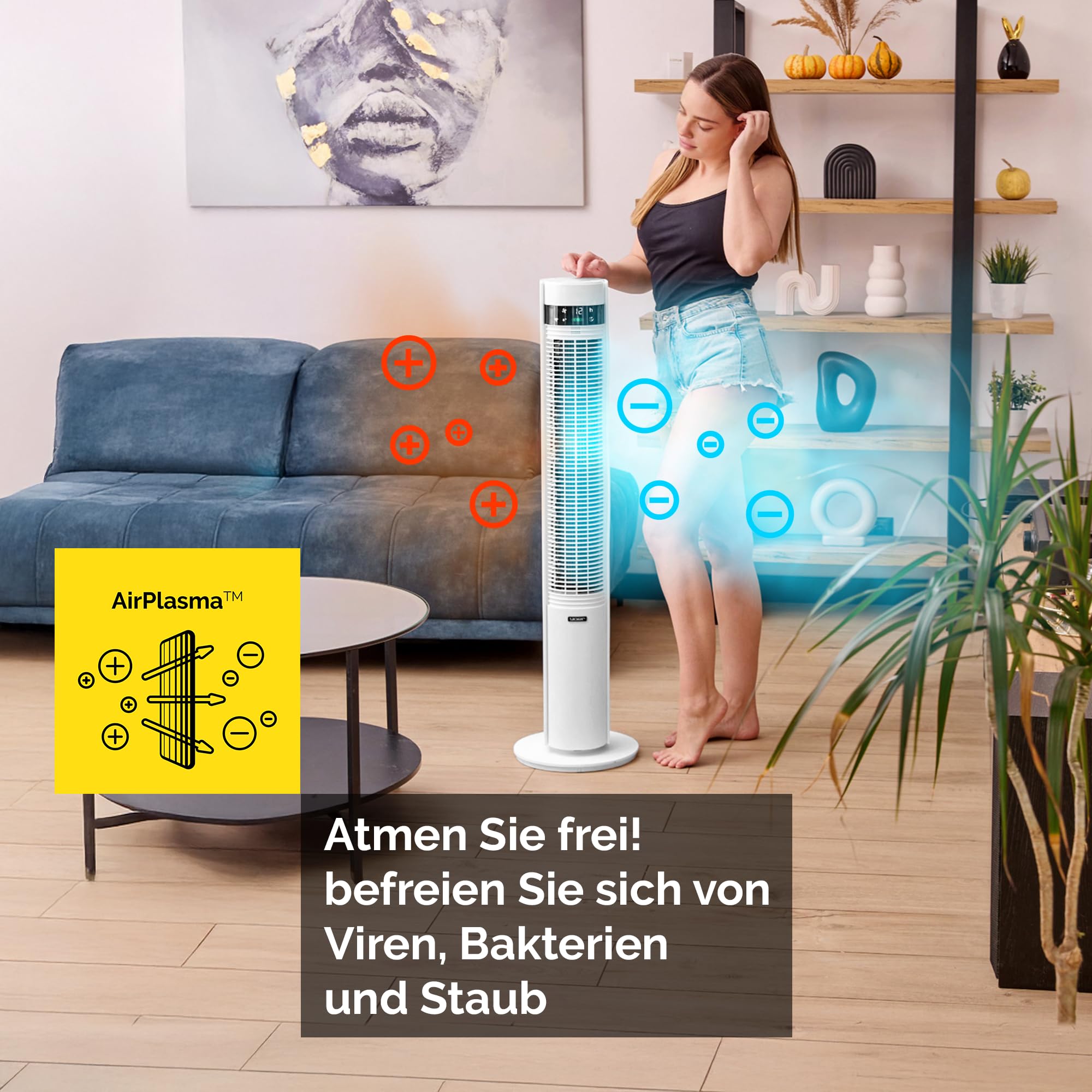 YOER 19dB Leiser Turmventilator, Plasma-Ionisator, 12 m Reichweite, 12 Geschwindigstufen, 3 Modi, 12 Std. Timer, 80° Oszillation, Fernbedienung, CoolWhisper TF07W, weiß