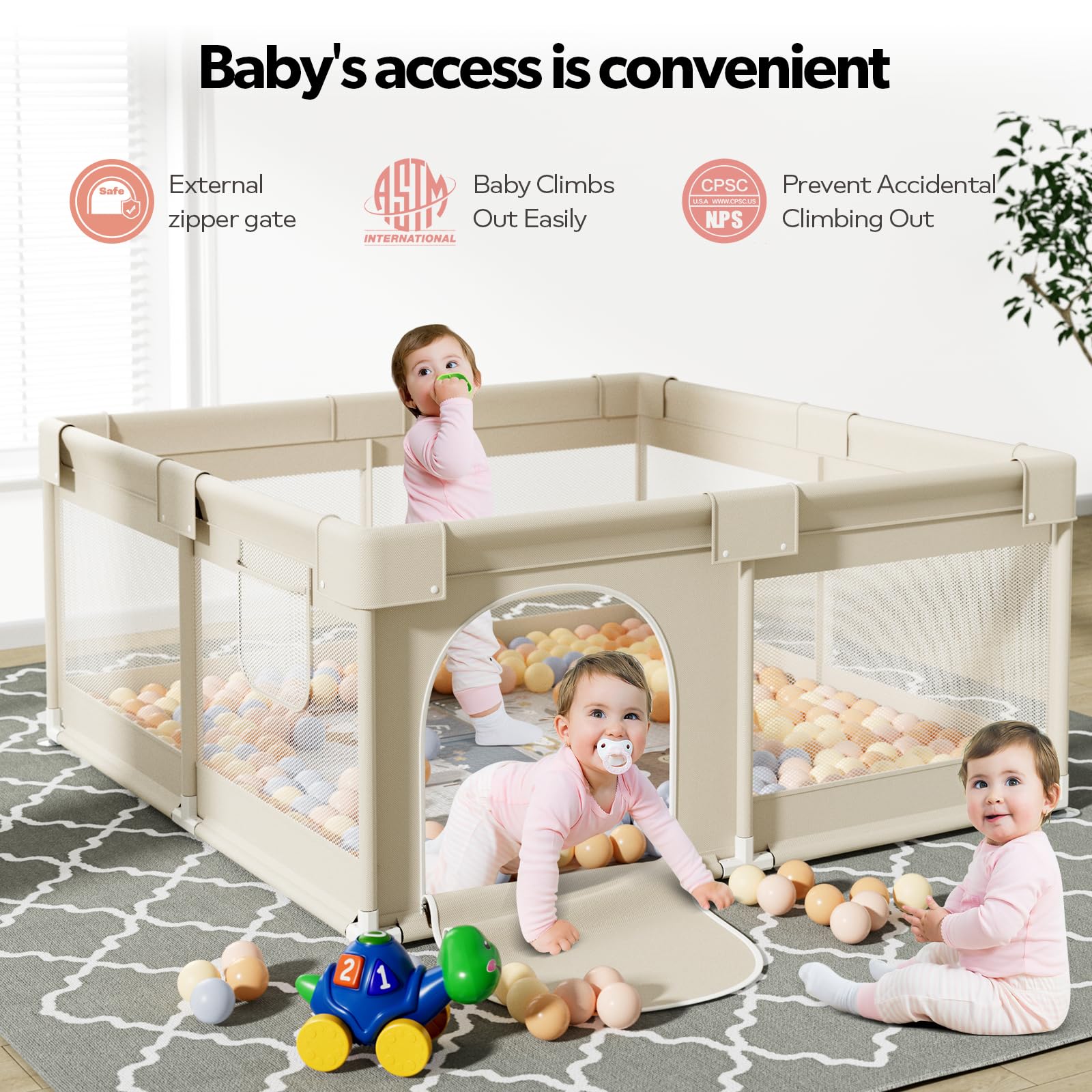 Fodoss Baby Laufgitter mit Matte, 120x120cm Laufstall Baby, mit Matratze, Atmungsaktives Netzdesign, Laufstall für die Wohnung-Beige