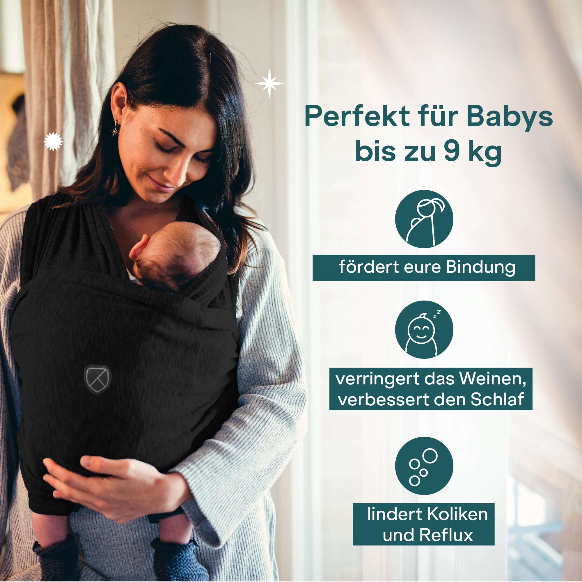 Koala Babycare Tragetuch Baby Neugeborene - Einfach Anzuziehen für Mütter und Väter - Babytrage Multi-Use Bis 9kg - Babytragetuch Schwarz