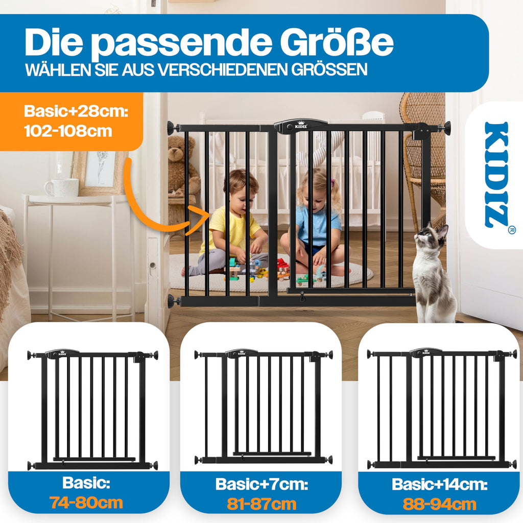 KIDIZ Treppenschutzgitter ohne Bohren | Verstellbare Breite: 88-94 cm, 75 cm hoch, Türschutzgitter und Absperrgitter für Kinder und Hunde, Beidseitige Einhand Öffnung, 90° Open-Stop System, Schwarz