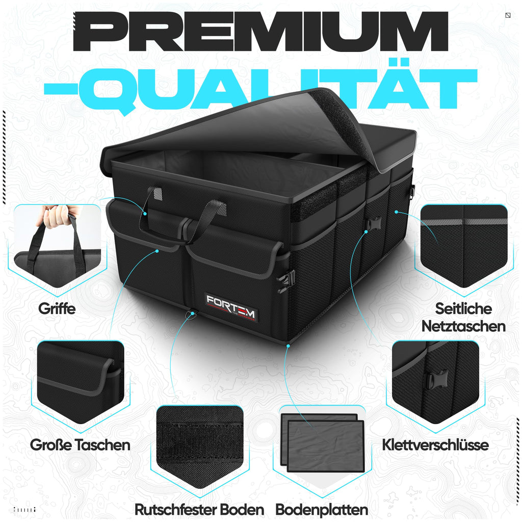 FORTEM Kofferraum Organizer, Kofferraumtasche, Zusammenklappbarer Auto Organizer Kofferraum mit Fächern, Rutschfester Boden, Verstellbare Sicherungsriemen, Klappbarer Deckel (Schwarz)