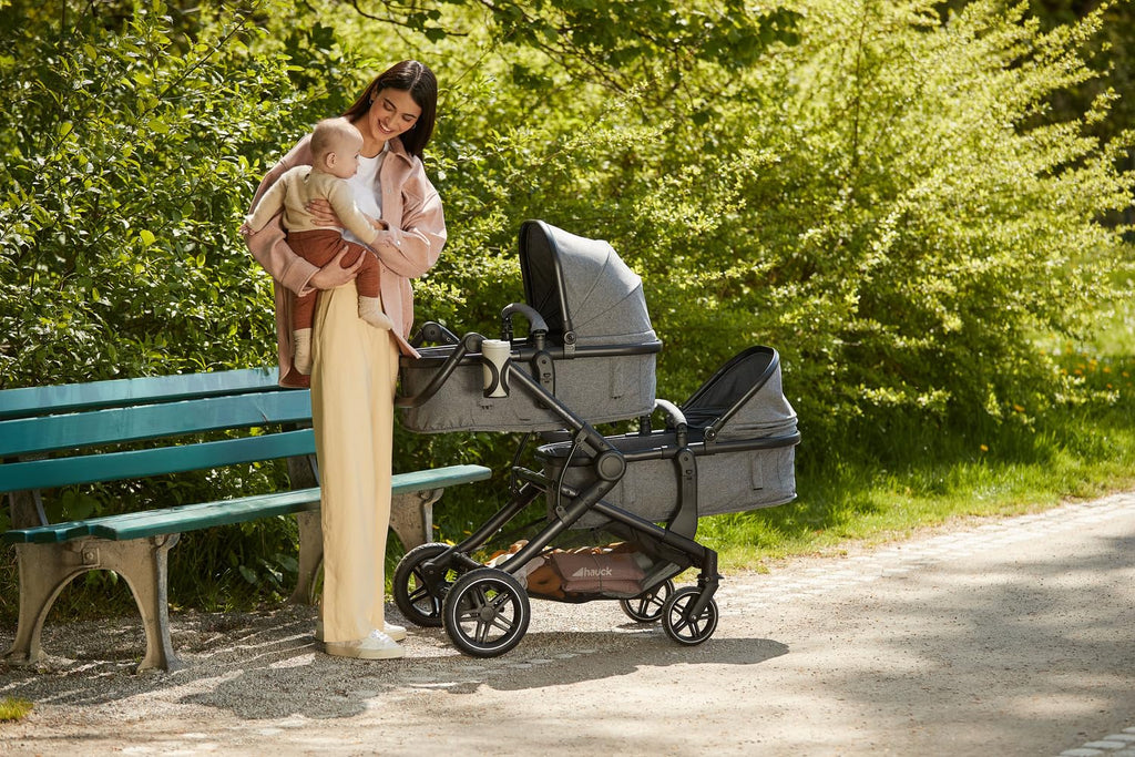 hauck Atlantic Twin, Melange Grey - Zwillingskinderwagen ab Geburt bis 15 kg je Kind - 2 Babywannen Umbaubar zu Drehbare Sportsitze mit Liegeposition - Faltbar - Höhenverstellbar - Gummi Räder