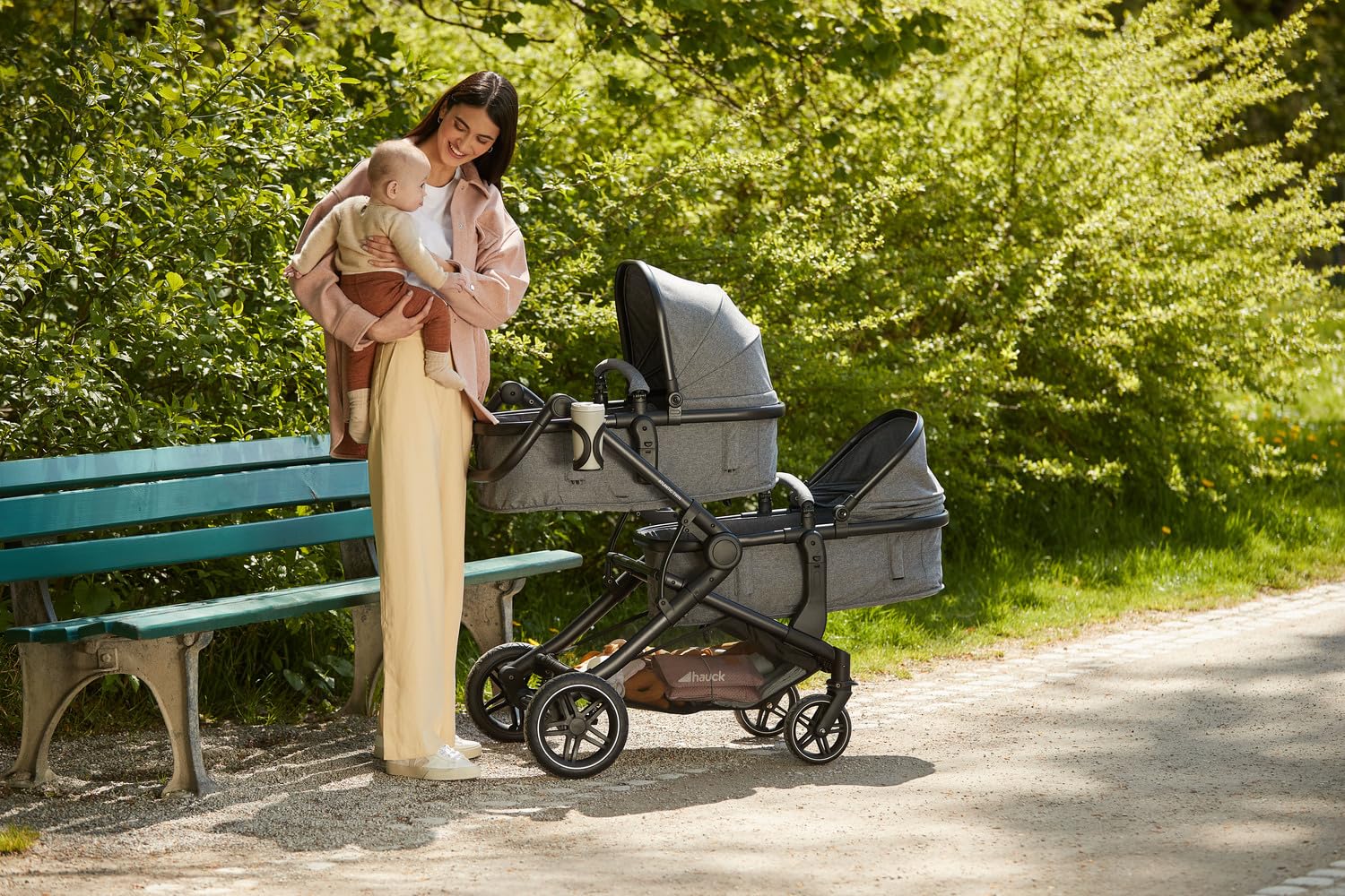 hauck Atlantic Twin, Melange Grey - Zwillingskinderwagen ab Geburt bis 15 kg je Kind - 2 Babywannen Umbaubar zu Drehbare Sportsitze mit Liegeposition - Faltbar - Höhenverstellbar - Gummi Räder