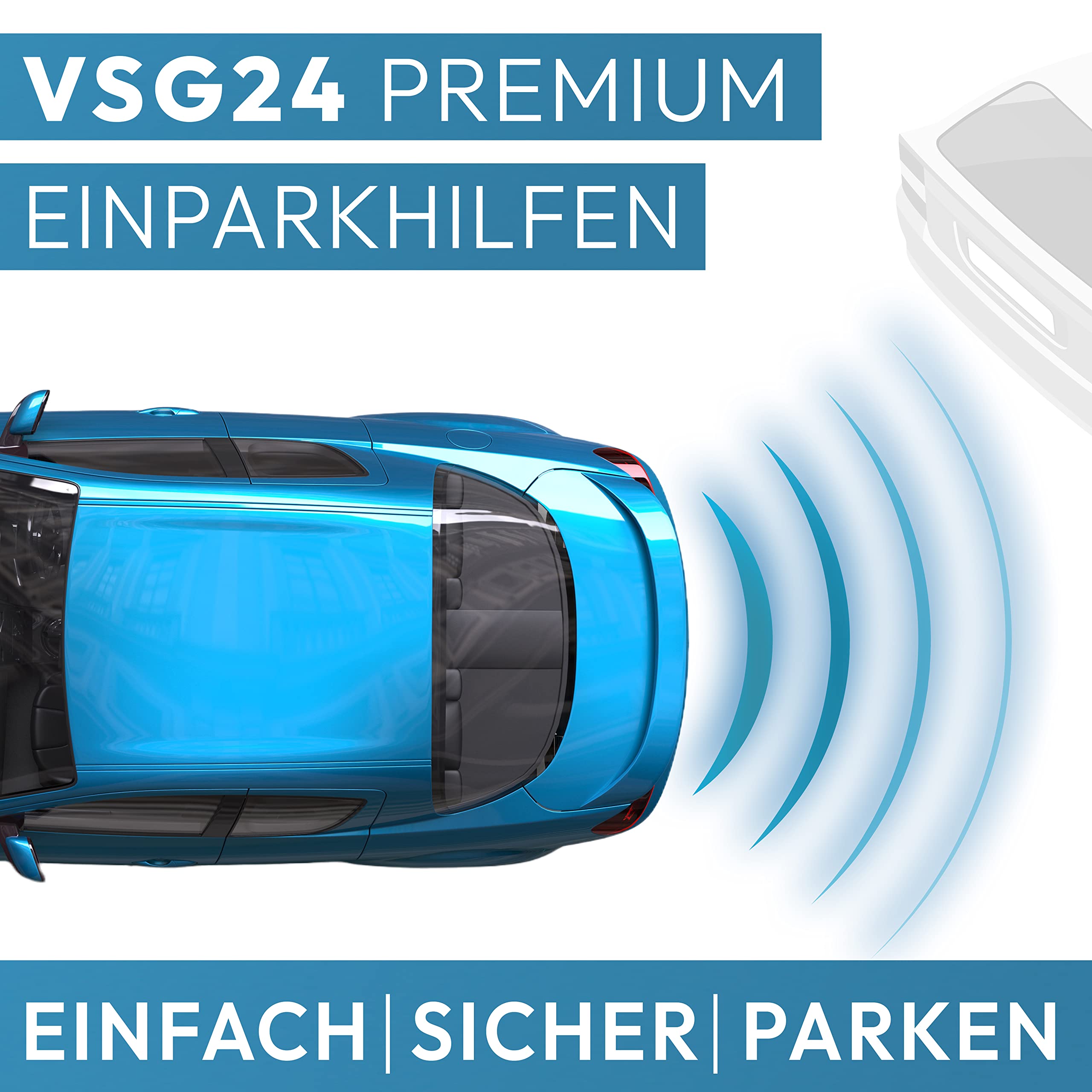 VSG24 Premium Einparkhilfe hinten mit Display zum nachrüsten am Auto, PDC Parksensoren hinten mit Stecksystem für einfachste Montage - 4 Rückfahrwarner Sensoren Parkhilfe Nachrüstsatz Schwarz