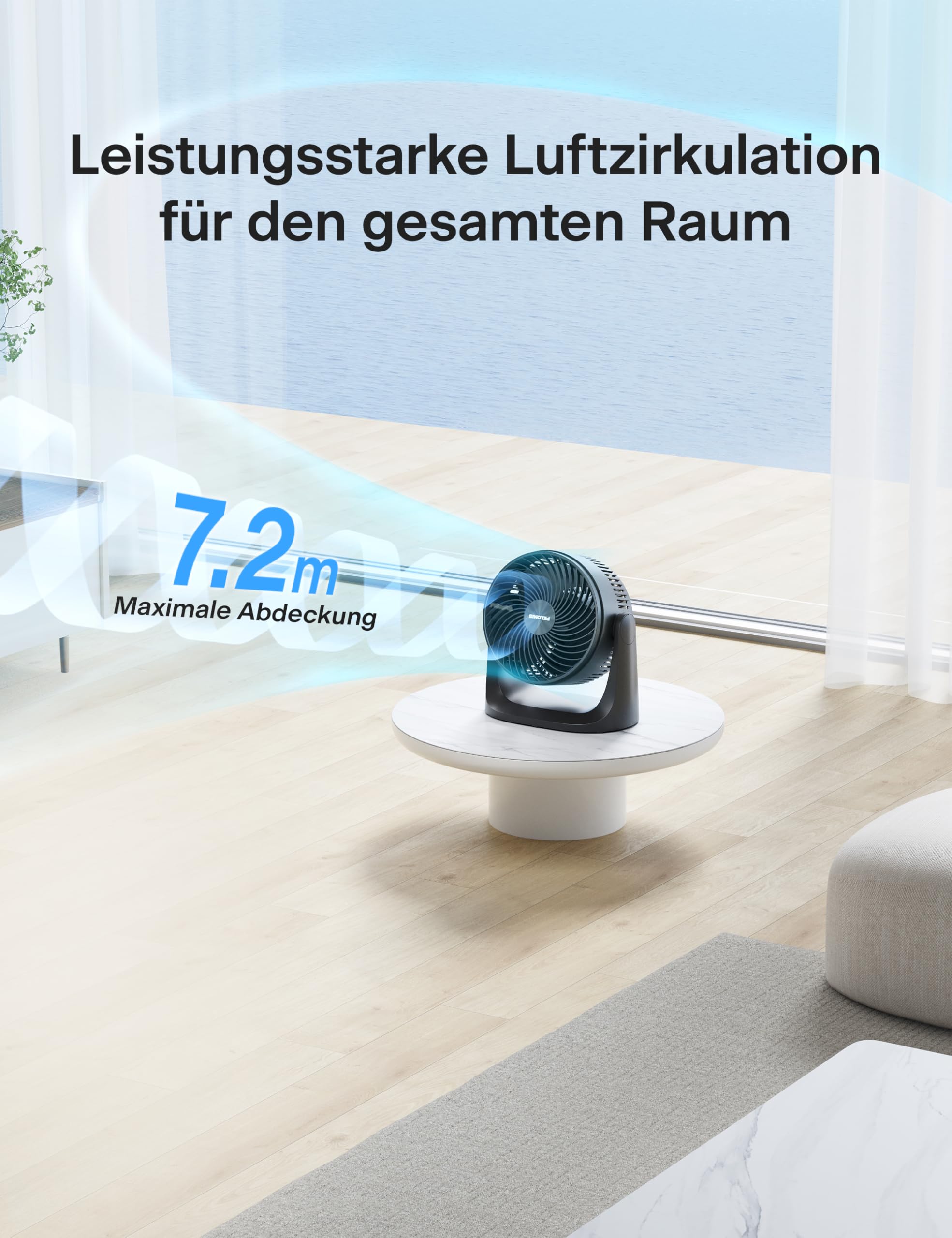 PELONIS 3 stufiger Luftzirkulationsventilator 18 cm Kompakt Tischventilator mit 100° Neigung, Leiser Betrieb für Schlafzimmer & Büro Energieeffizienter Schwarz Ventilator