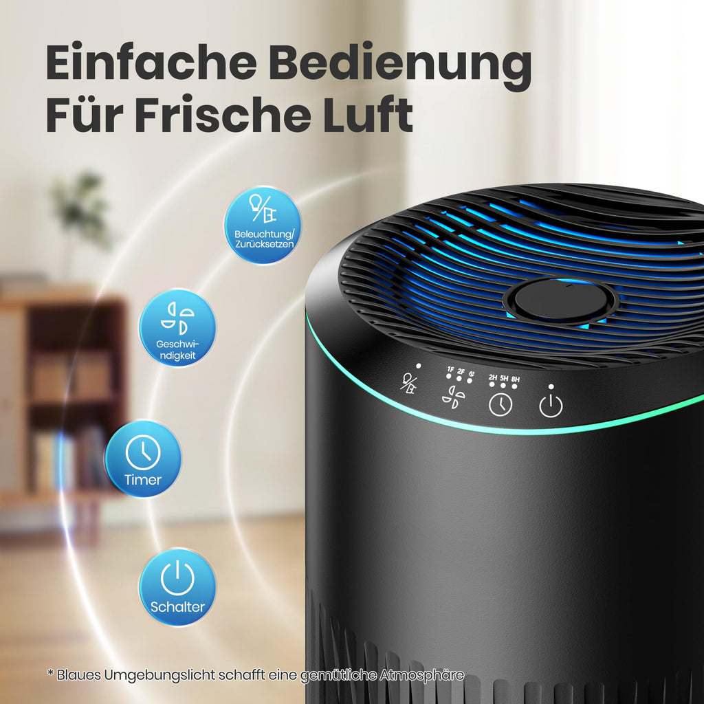 Operan Luftreiniger Allergiker für Zuhause Schlafzimmer Büro, HEPA Luftfilter Raucherzimmer für Rauch Haustier Schuppen Gerüche bis zu 0,3 µm, Schlafmodus Blaues Umgebungslicht mit Duftschwamm, Black