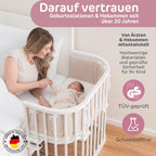 babybay Original Beistellbett aus massivem Buchenholz/kompakt & verwandelbar/Kinderbett Höhe stufenlos verstellbar/mitwachsendes Babybett (weiß lackiert) / inkl. Matratze, Gitter, Rollen